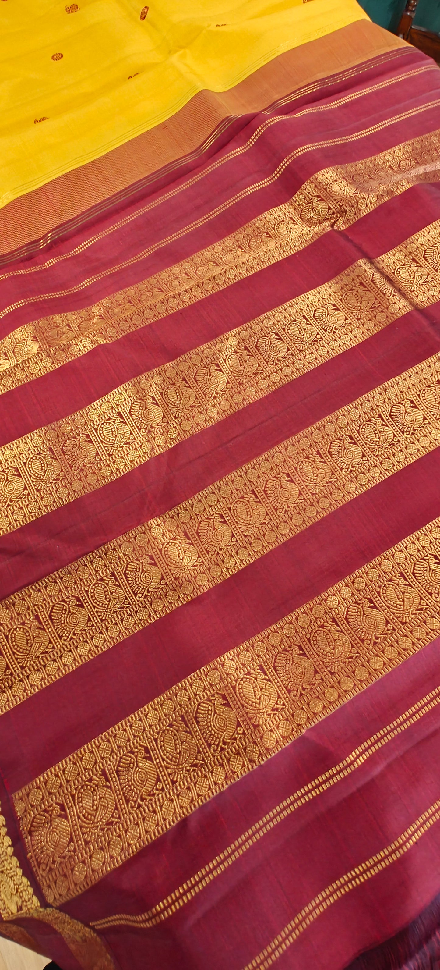 Mustard and Deep Maroon -Kanjivaram Silk Sari