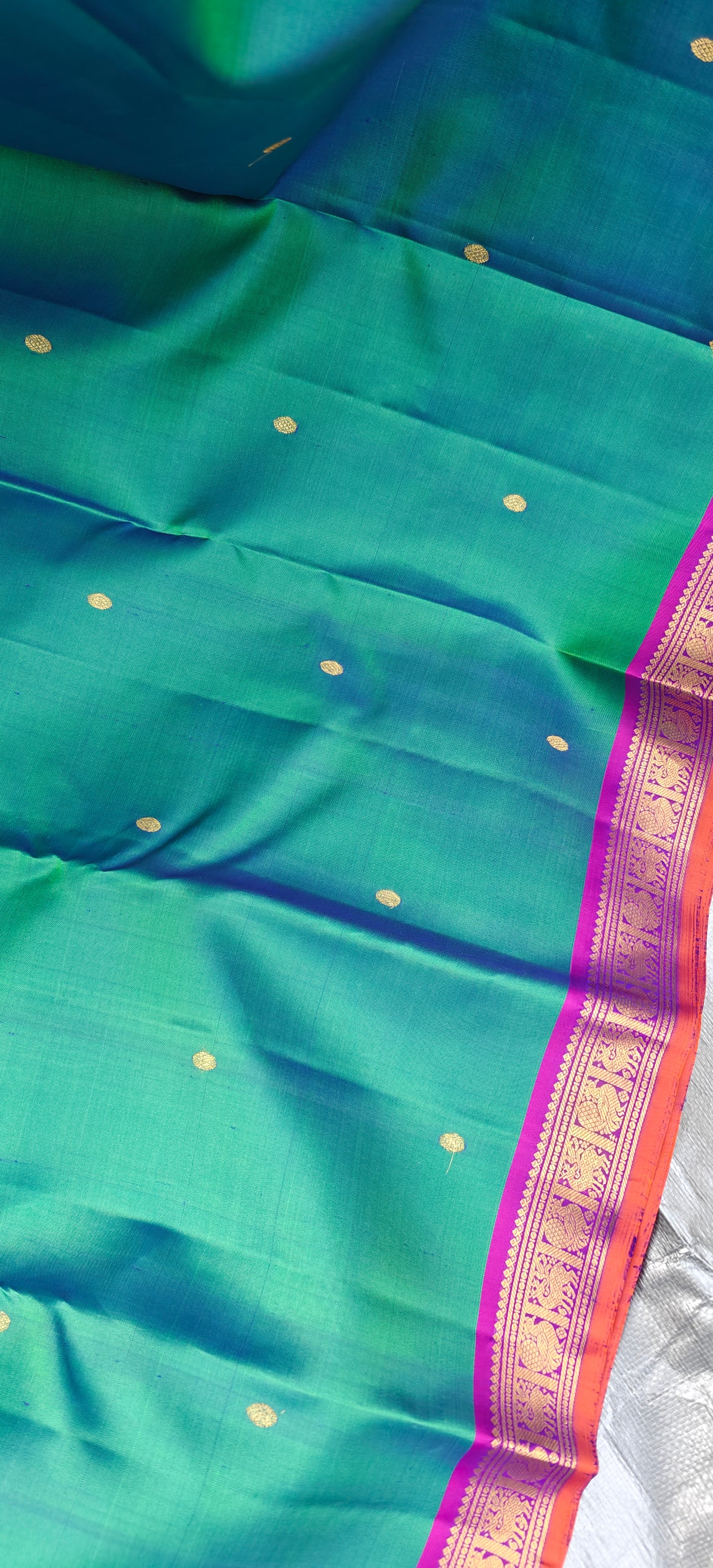 Pre Order:Peacock Green and Violet- Kanjivaram Silk Saree