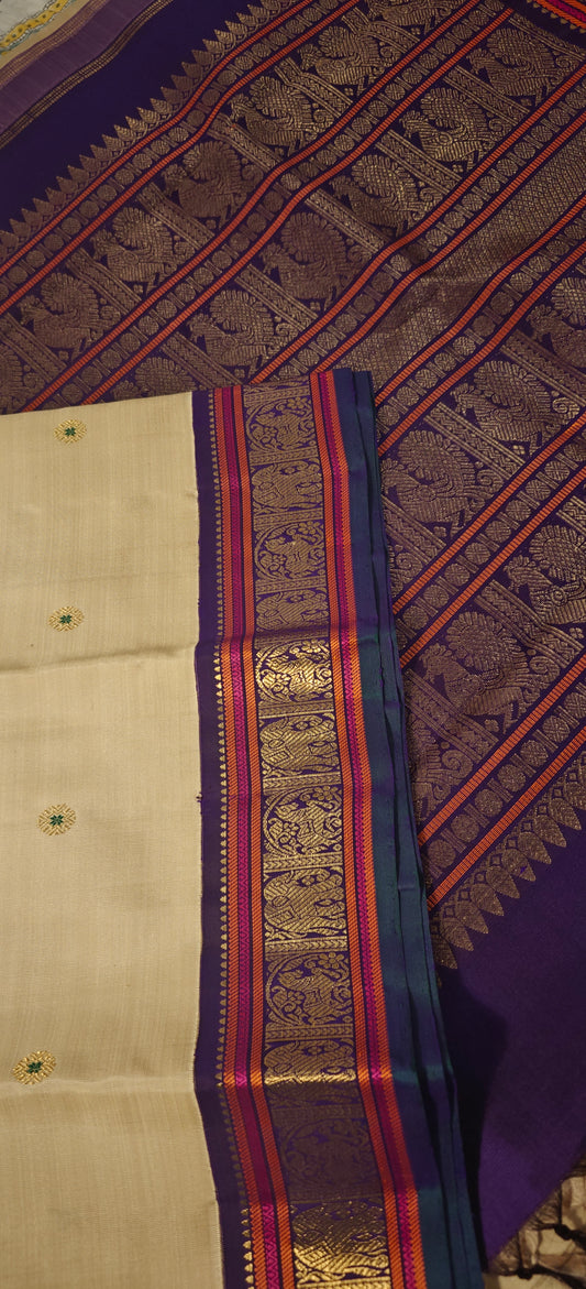 Cream and Violet kanjivaram silk saree