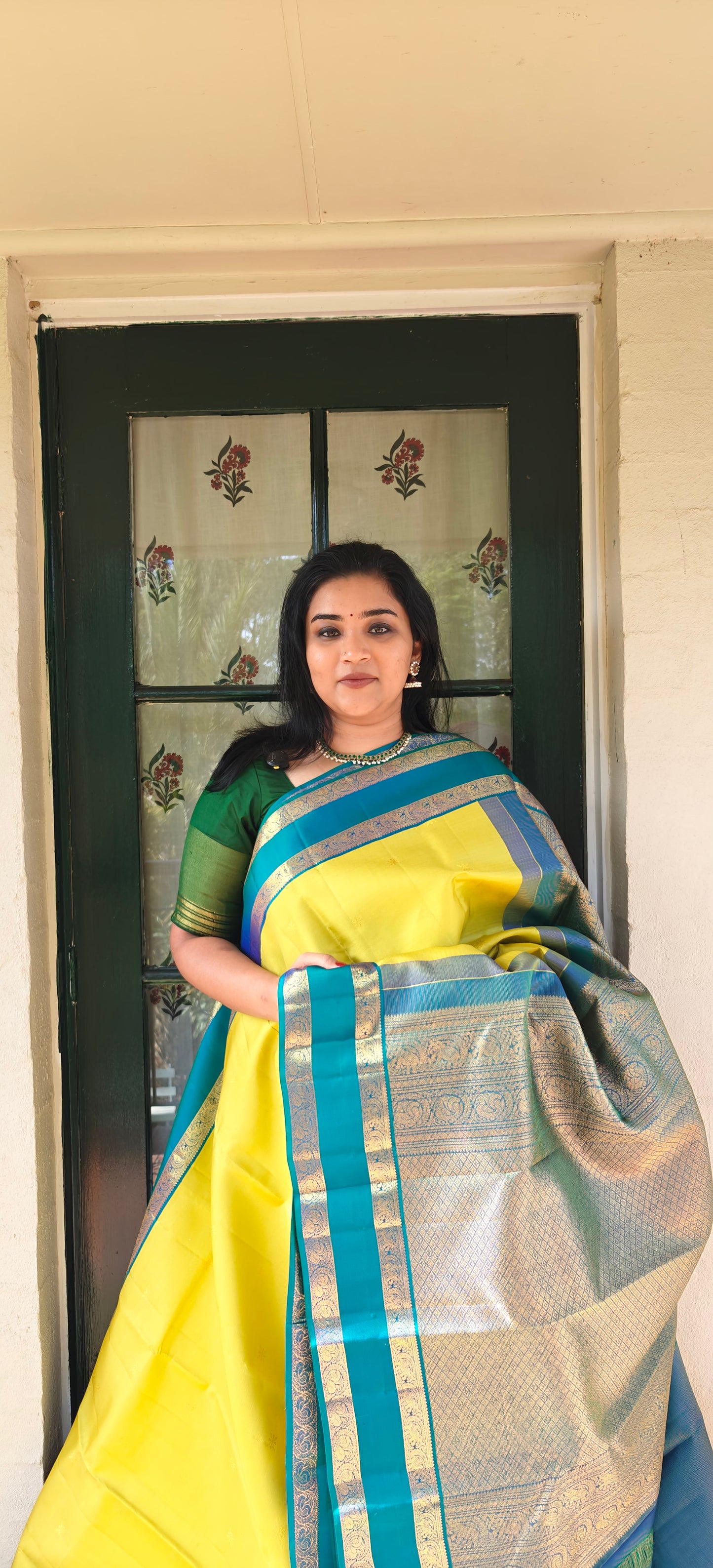 Lime Green with Peacock Blue Vairaoosi-Kanjivaram Silk Saree