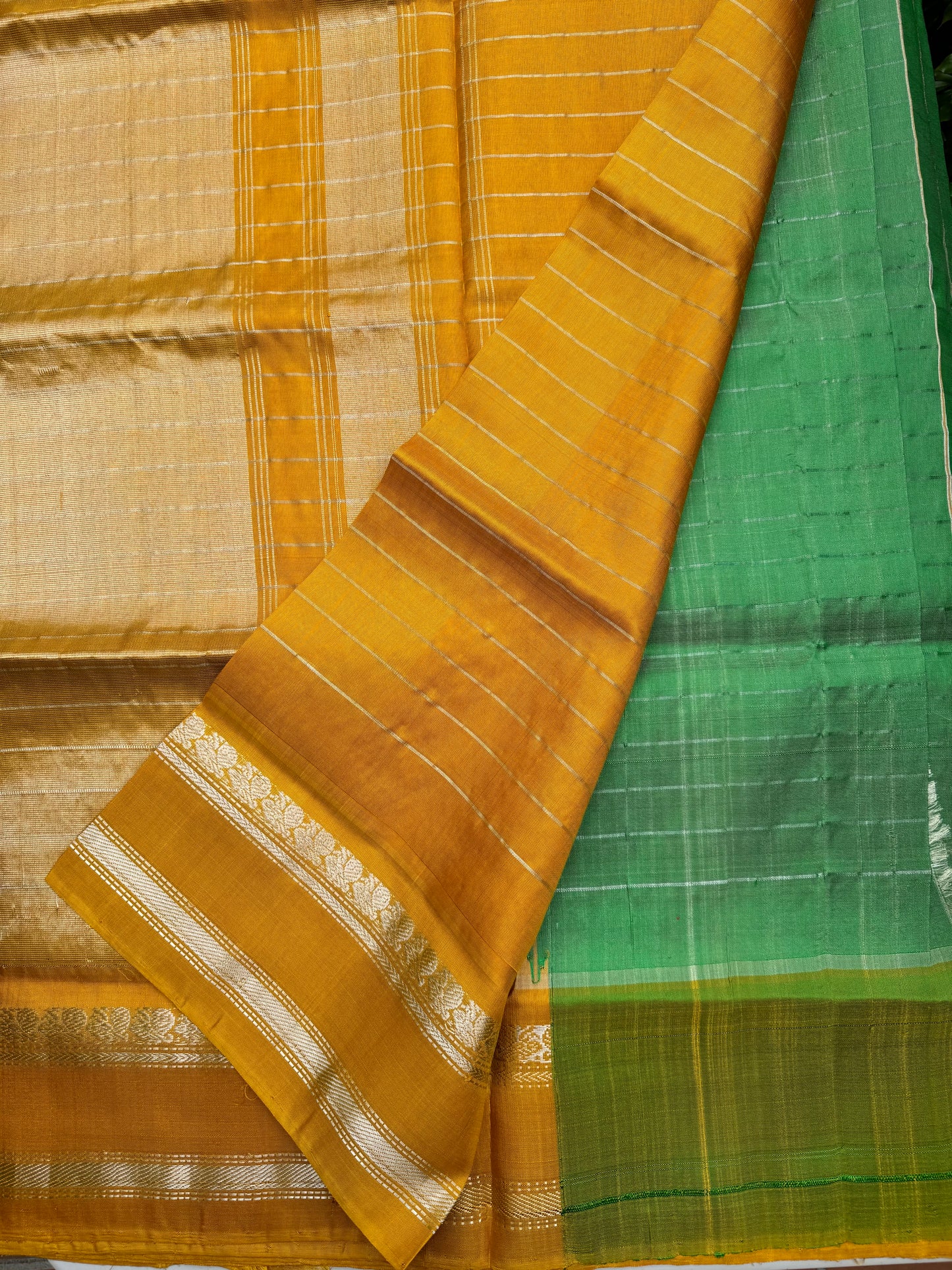 Green and yellow Gadwal Silk Saree