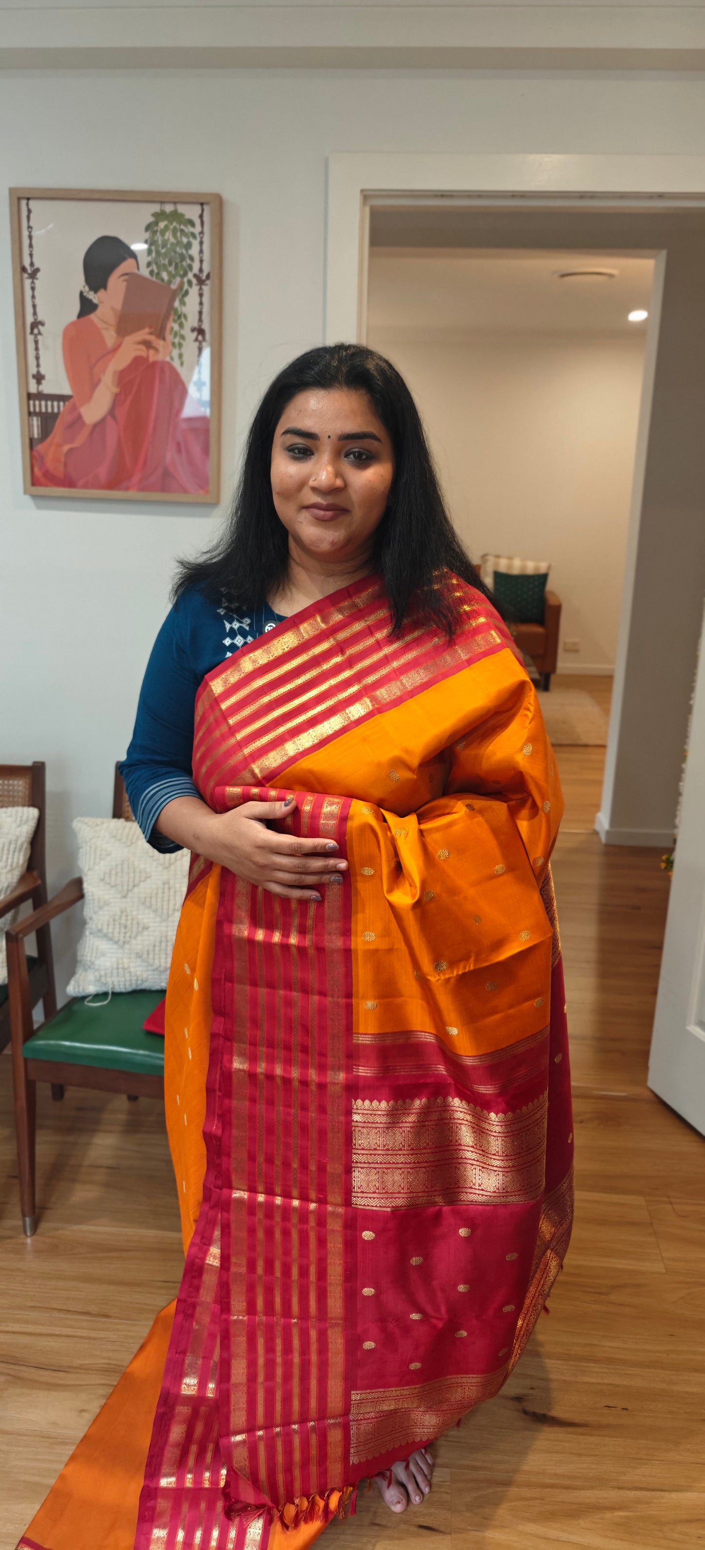 Orange and Red kanjivaram silk sari