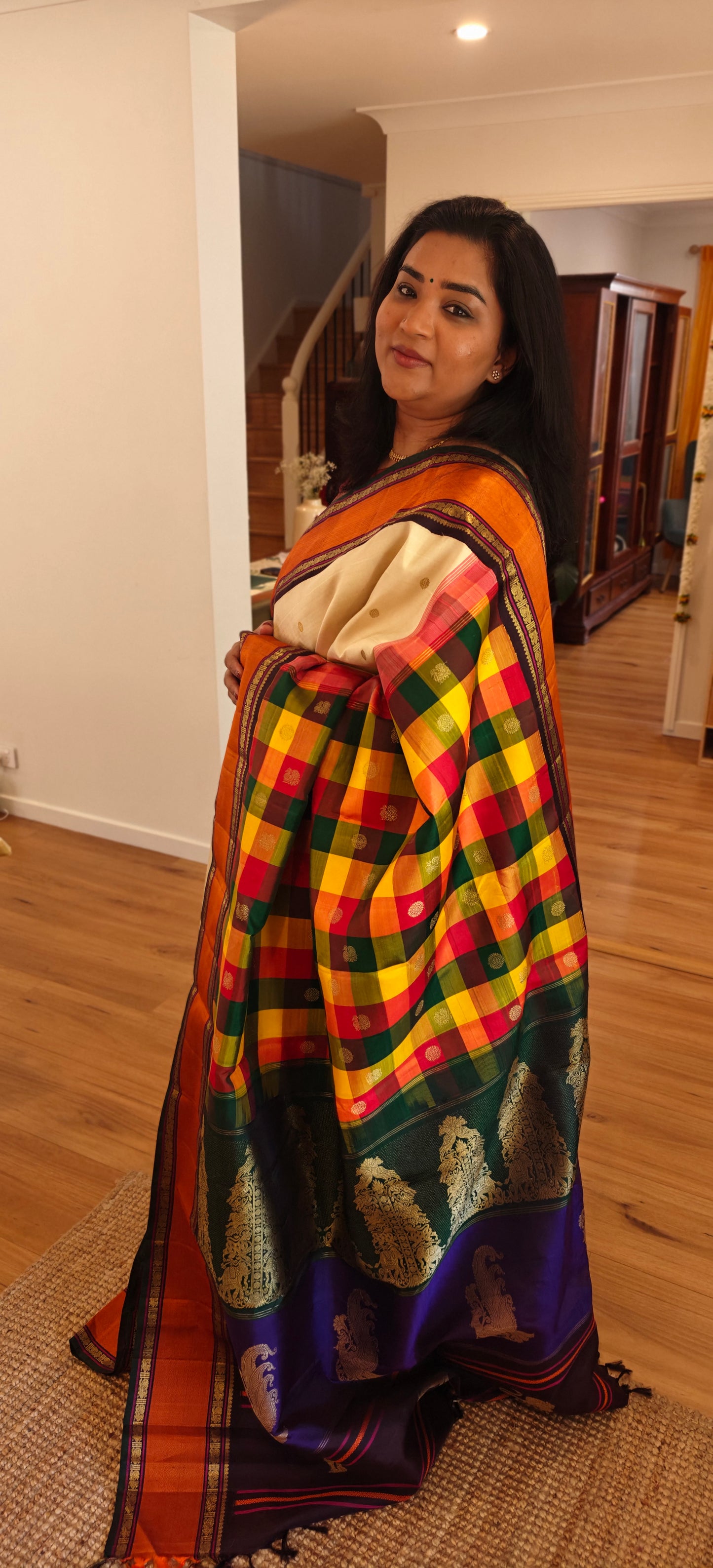 Cream and Brown Kanjivaram silk saree with 4 pallu