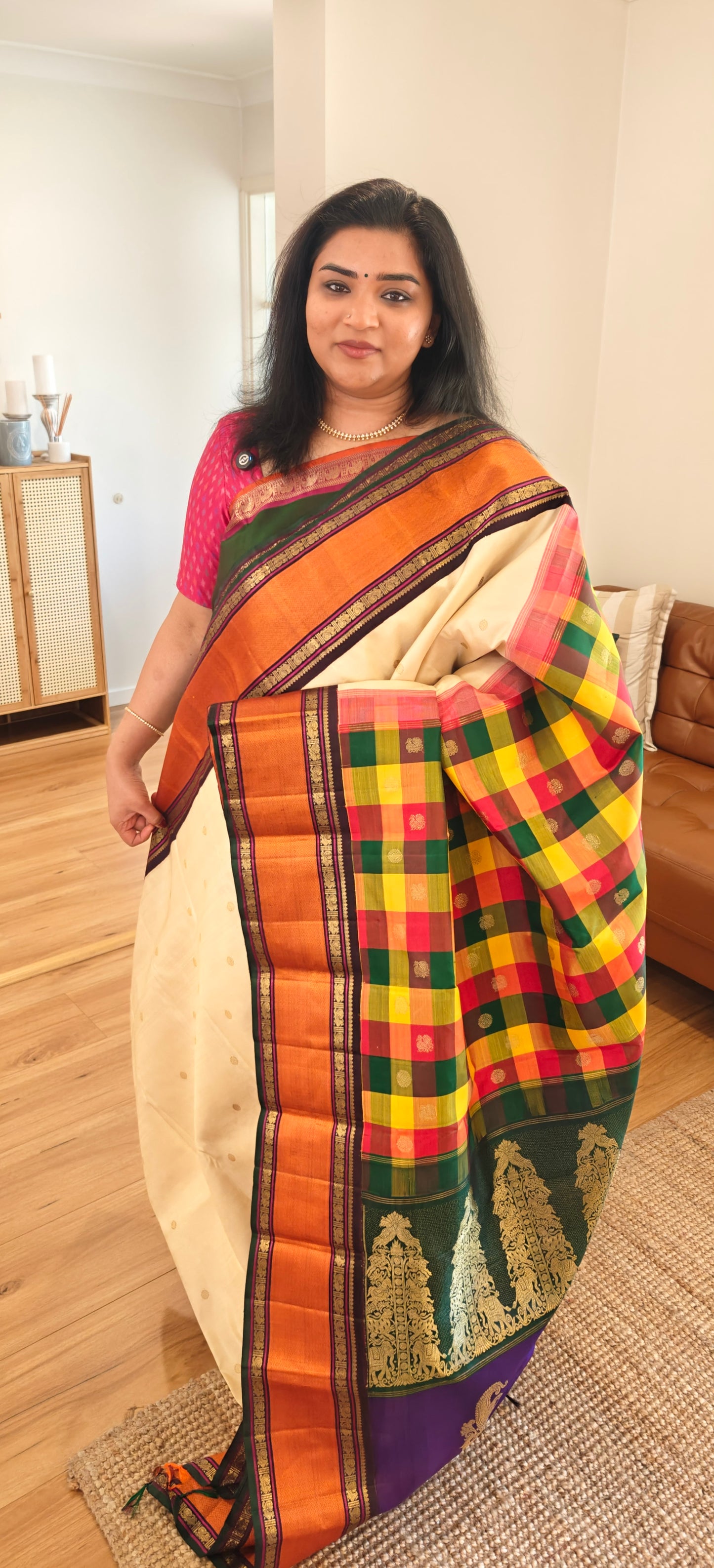 Cream and Brown Kanjivaram silk saree with 4 pallu