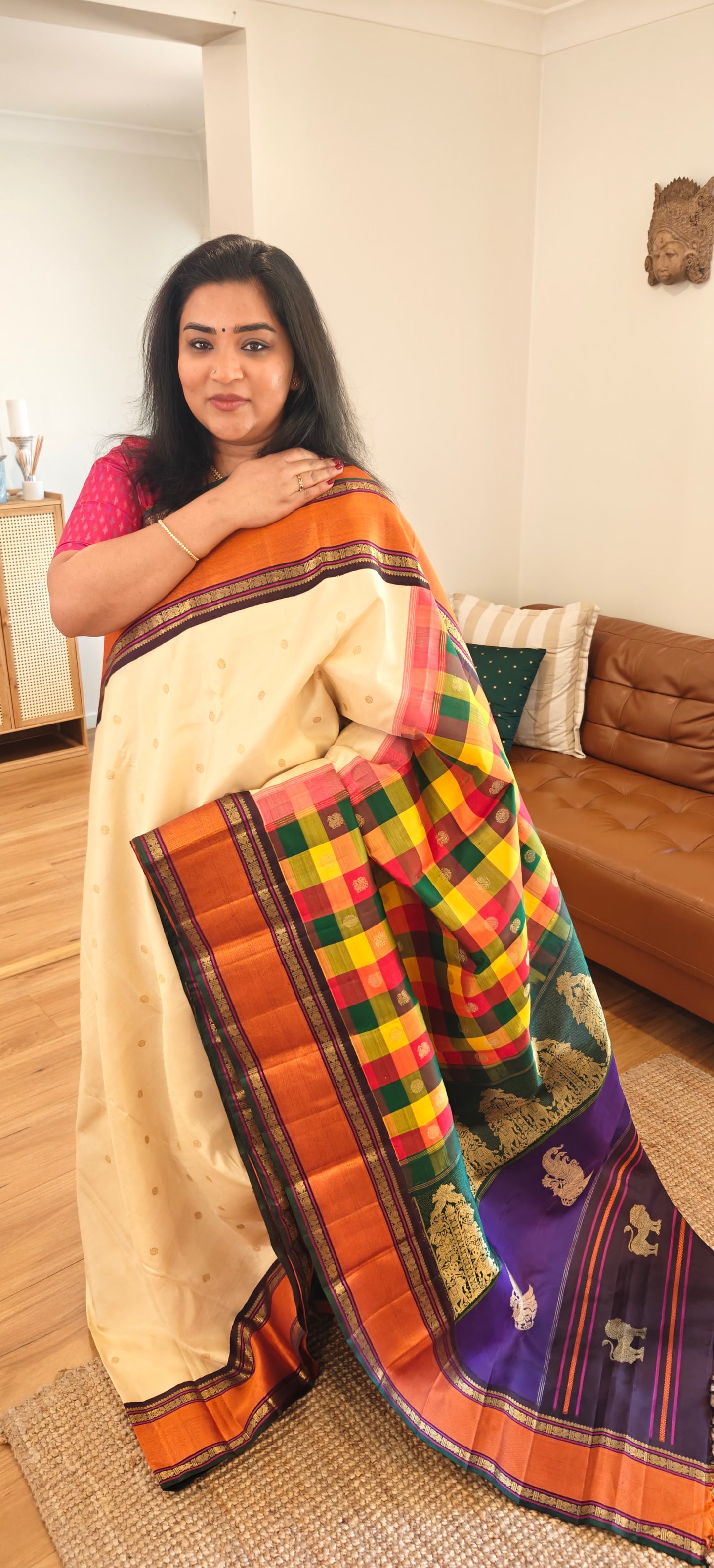 Cream and Brown Kanjivaram silk saree with 4 pallu