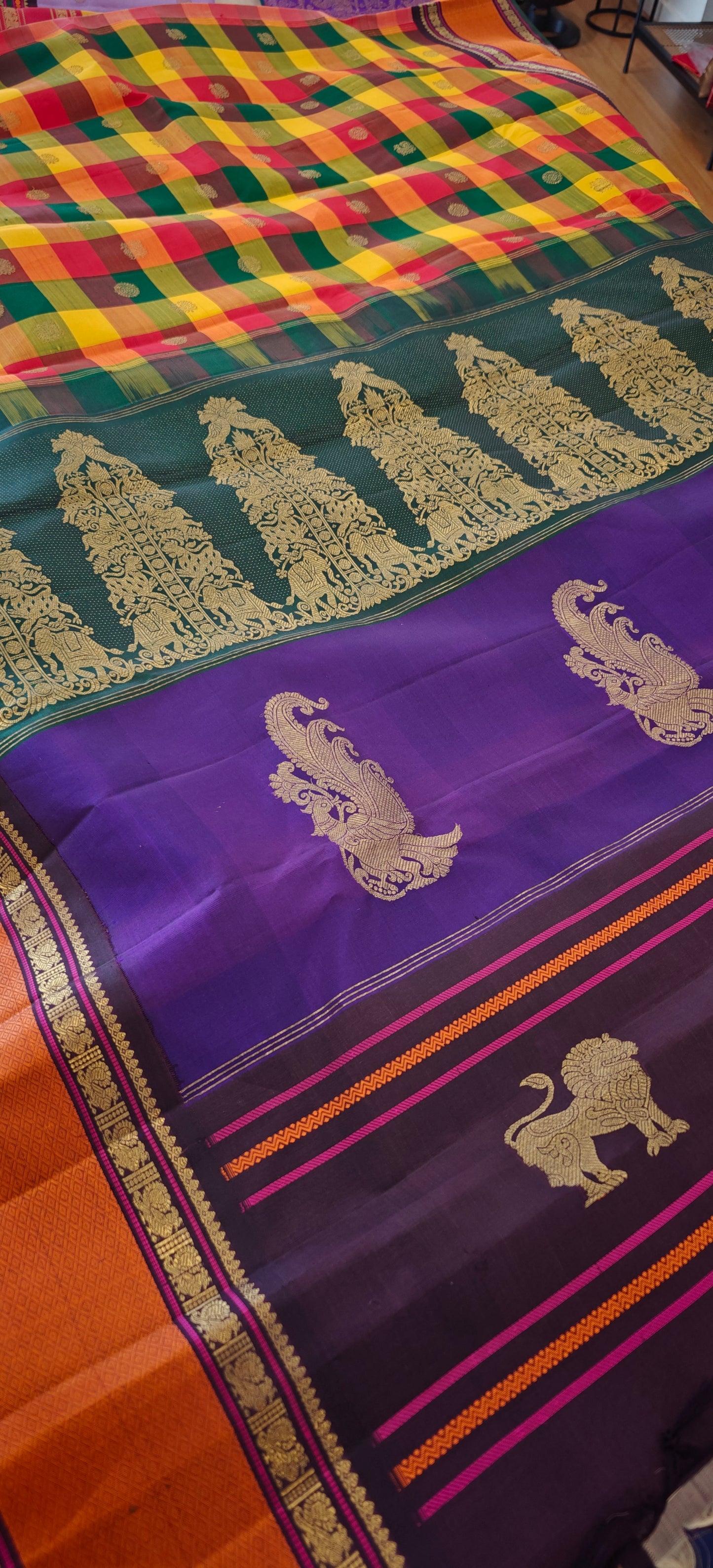 Cream and Brown Kanjivaram silk saree with 4 pallu