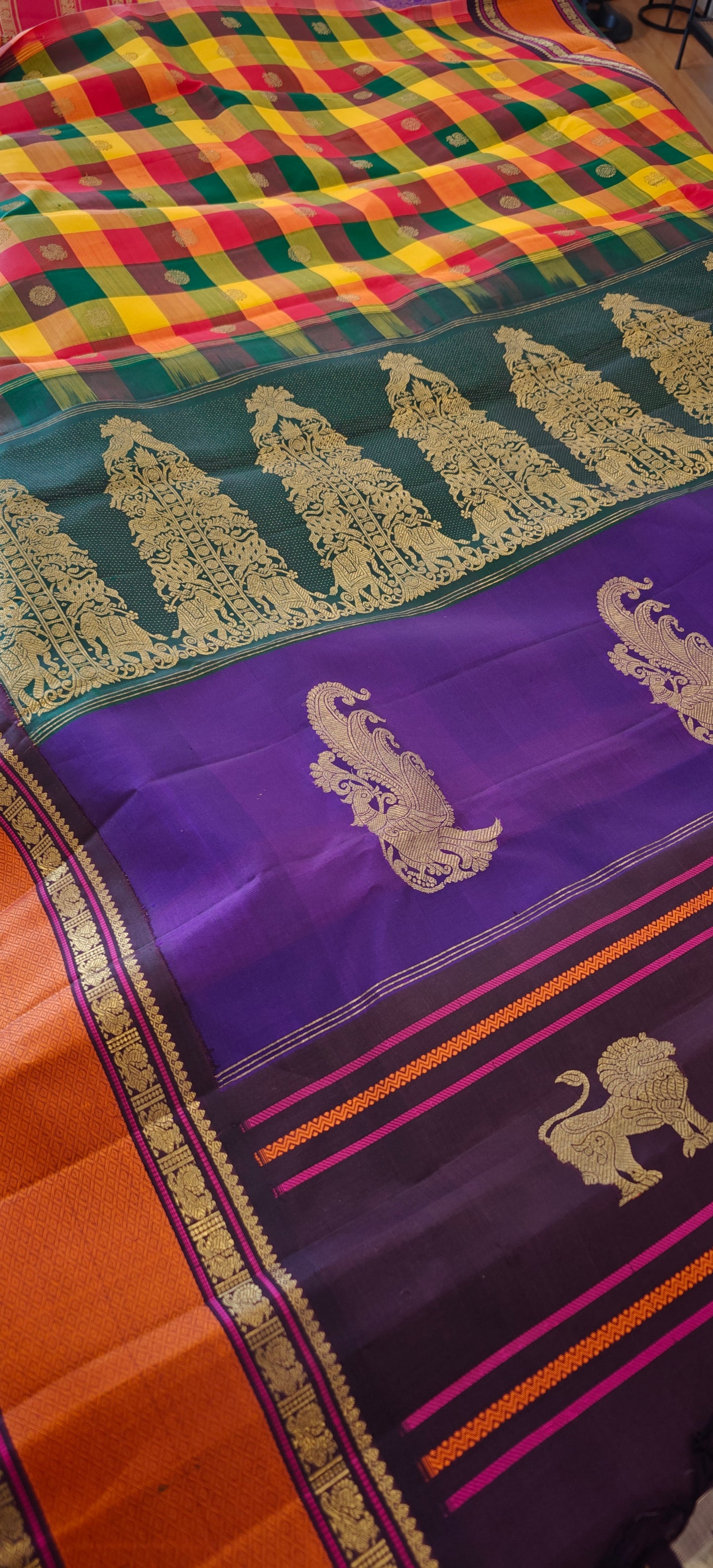 Cream and Brown Kanjivaram silk saree with 4 pallu