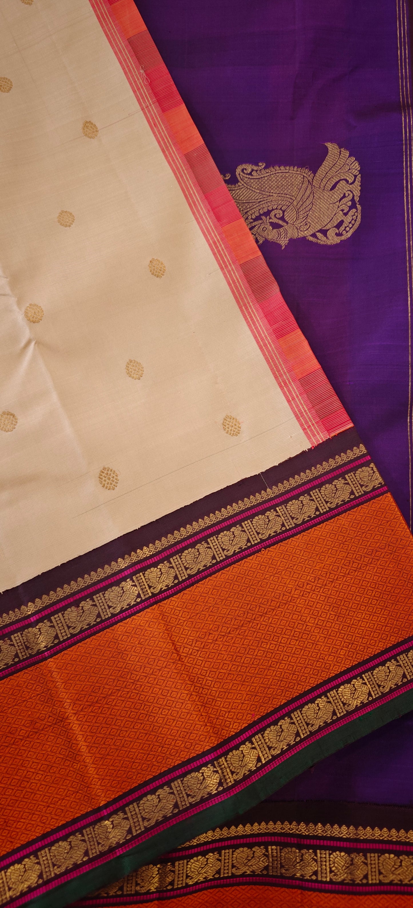 Cream and Brown Kanjivaram silk saree with 4 pallu