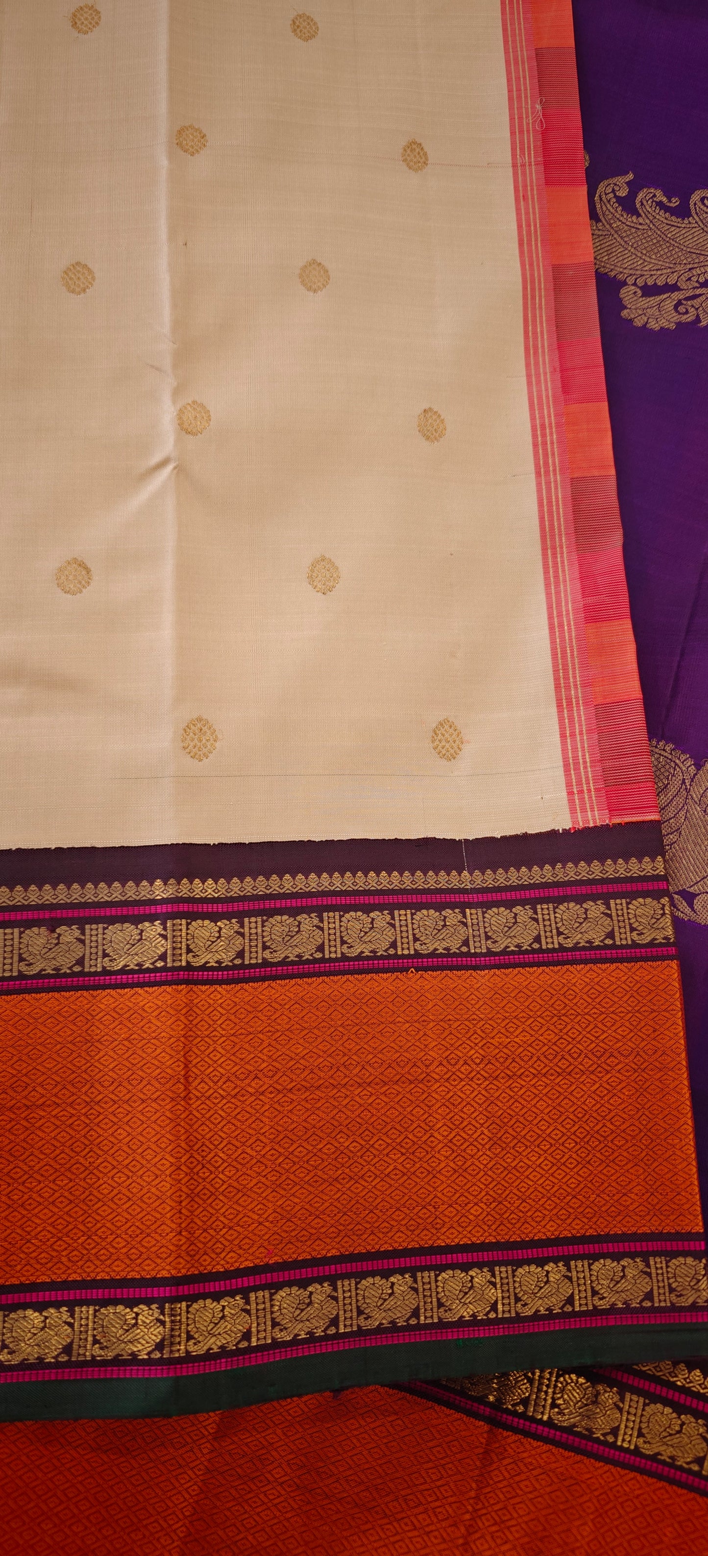 Cream and Brown Kanjivaram silk saree with 4 pallu