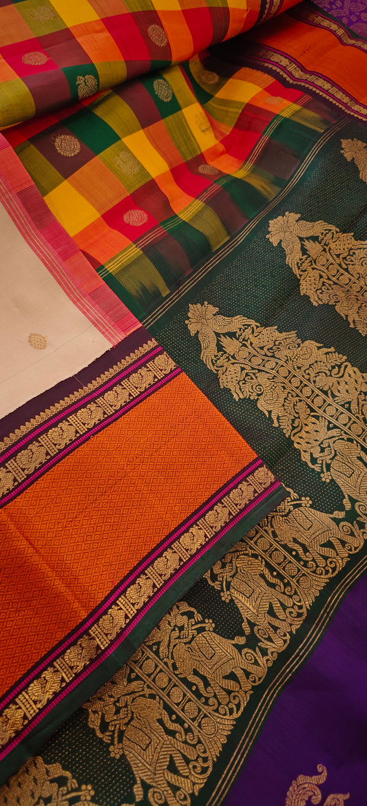 Cream and Brown Kanjivaram silk saree with 4 pallu