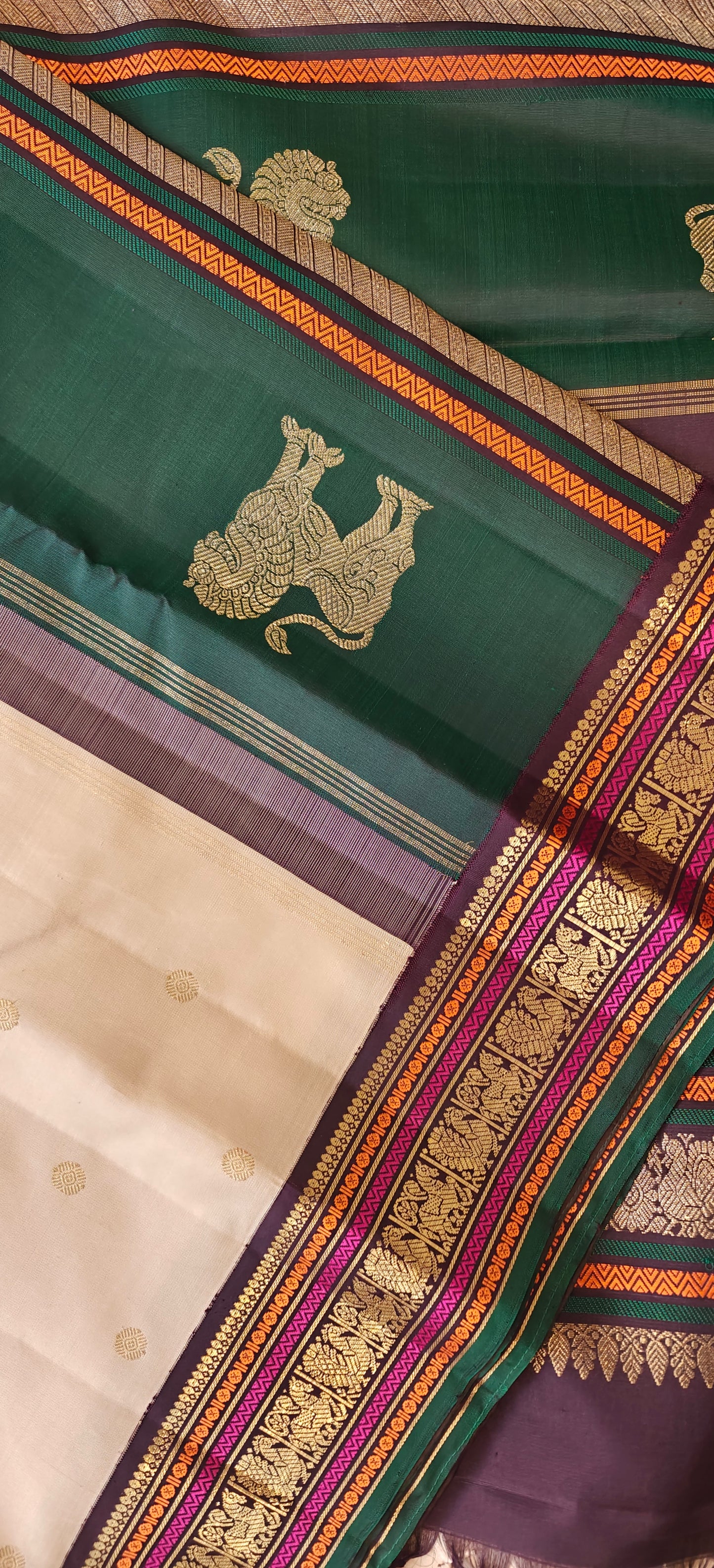 Cream and Brown  Double Pallu Kanjivaram silk saree