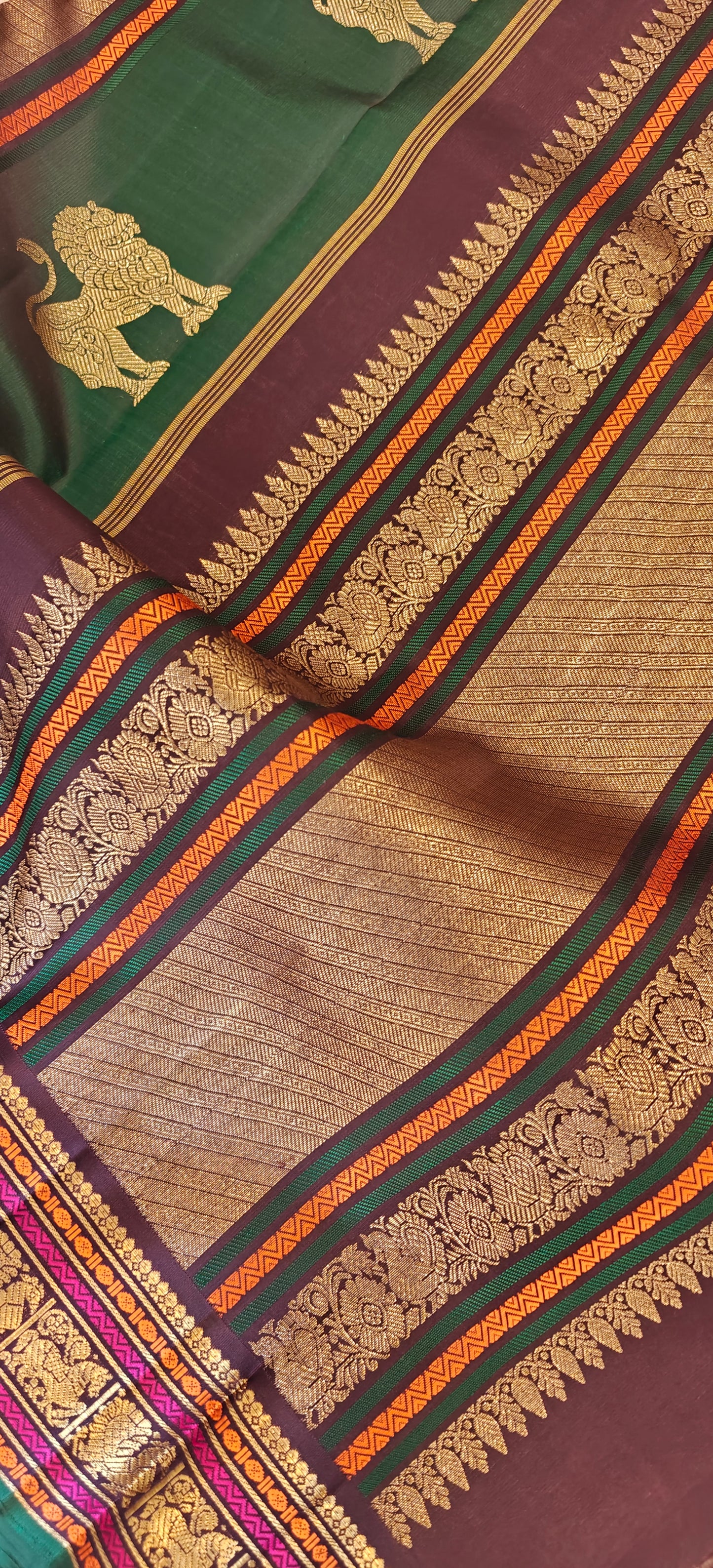 Cream and Brown  Double Pallu Kanjivaram silk saree