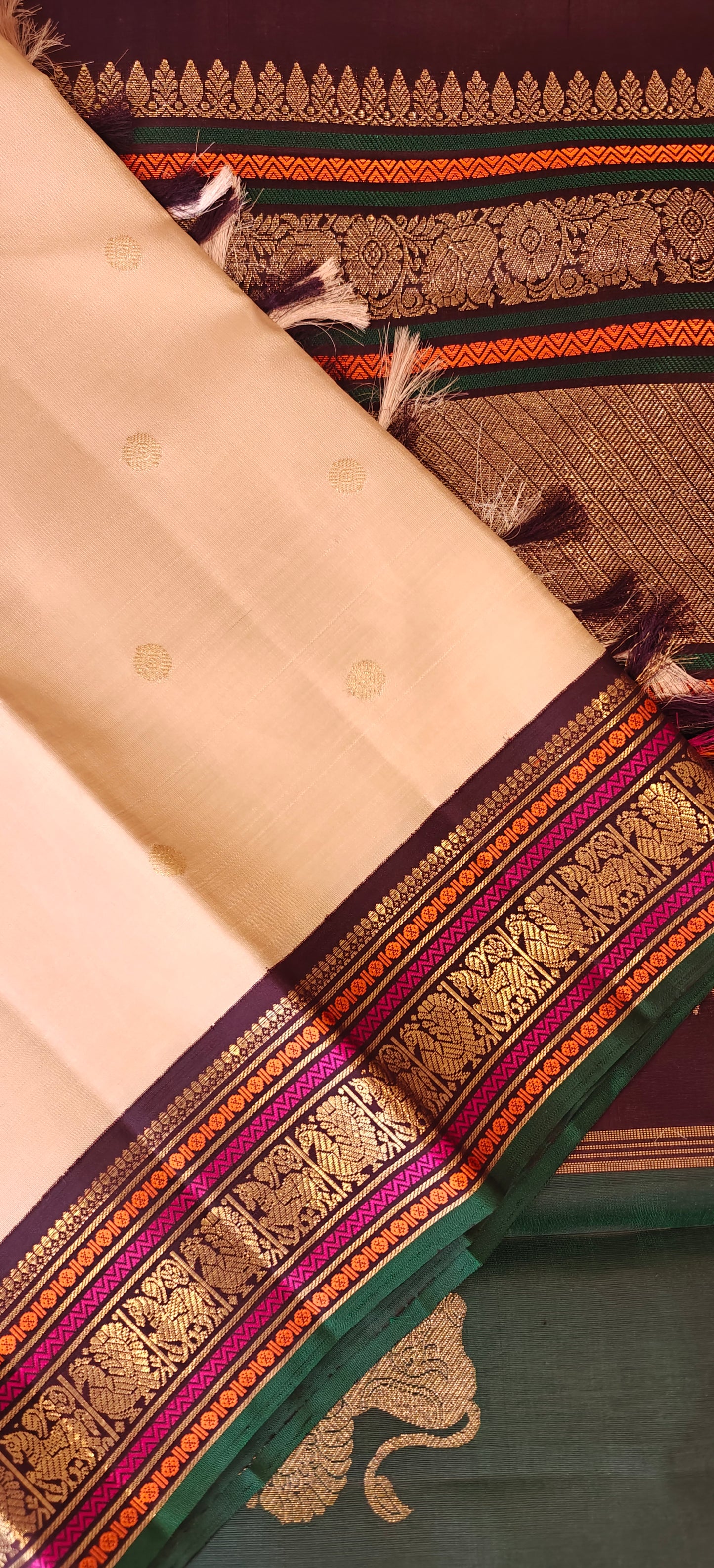 Cream and Brown  Double Pallu Kanjivaram silk saree