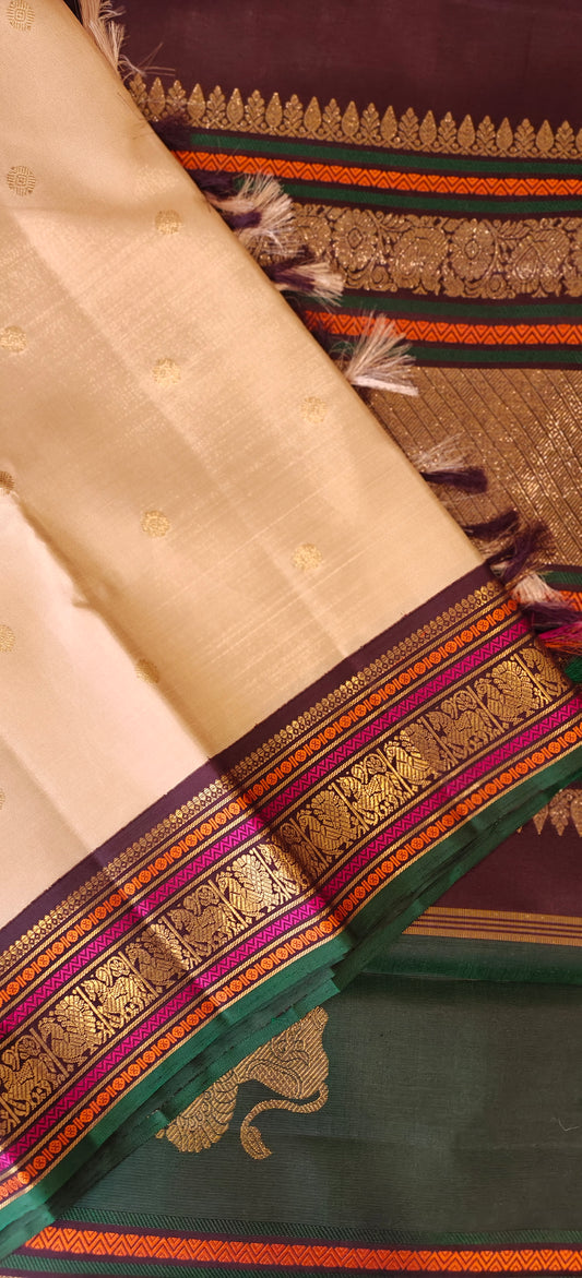 Cream and Brown  Double Pallu Kanjivaram silk saree