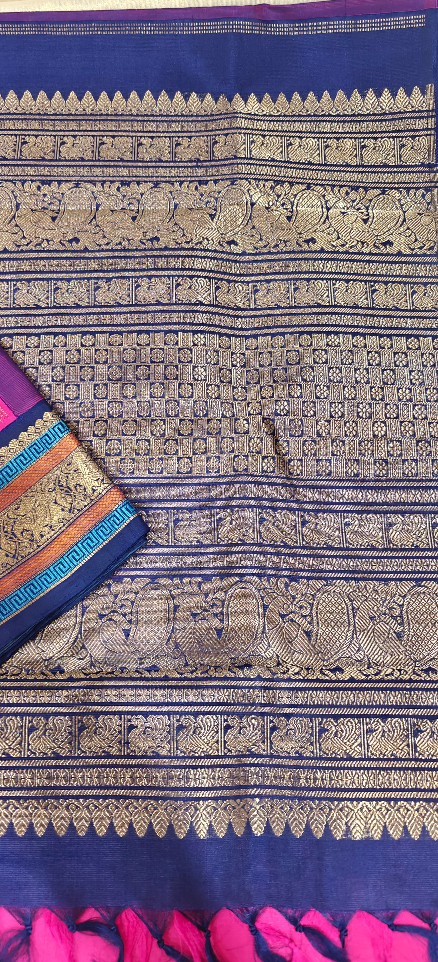Pink with  Navy Blue Kanjivaram silk saree
