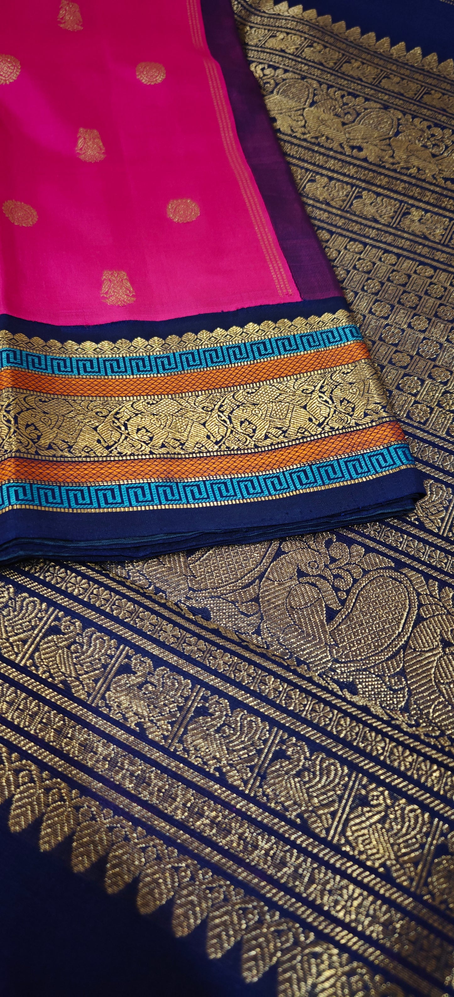 Pink with  Navy Blue Kanjivaram silk saree