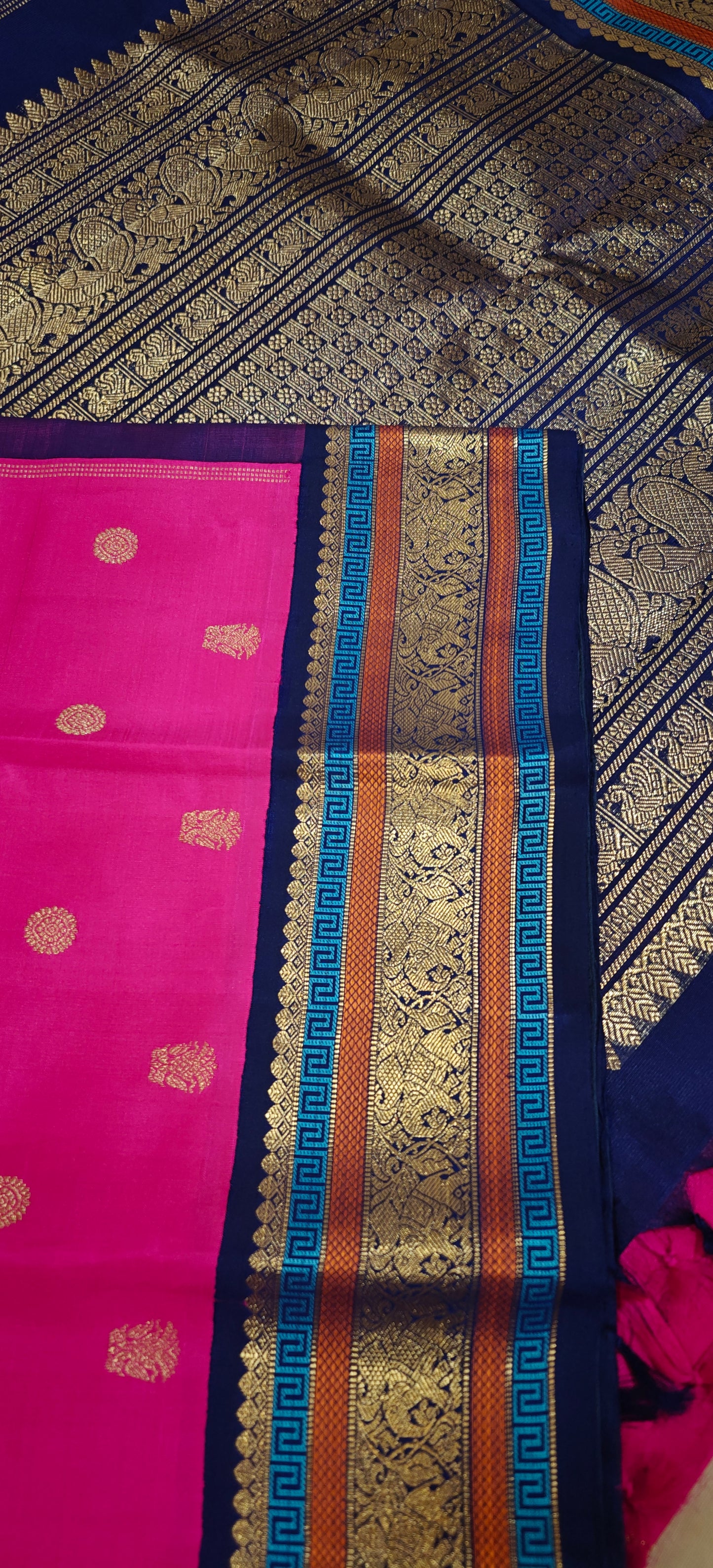 Pink with  Navy Blue Kanjivaram silk saree