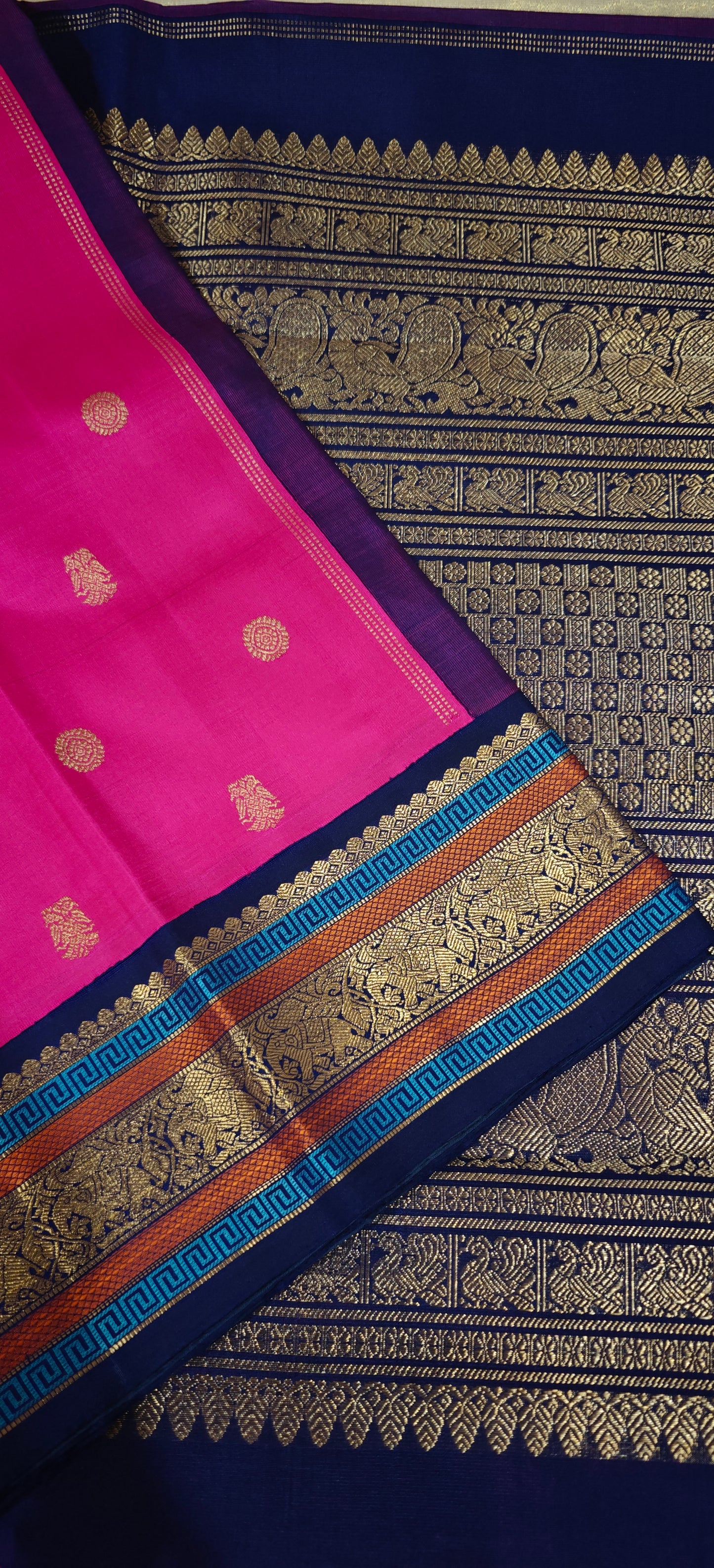 Pink with  Navy Blue Kanjivaram silk saree