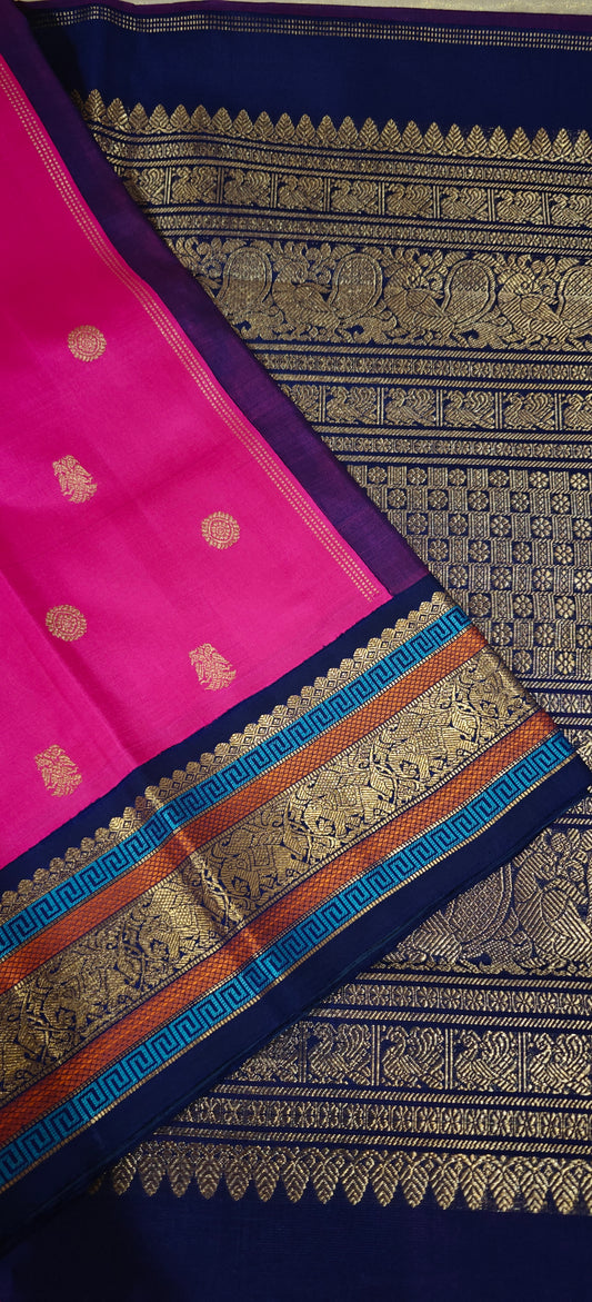 Pink with  Navy Blue Kanjivaram silk saree
