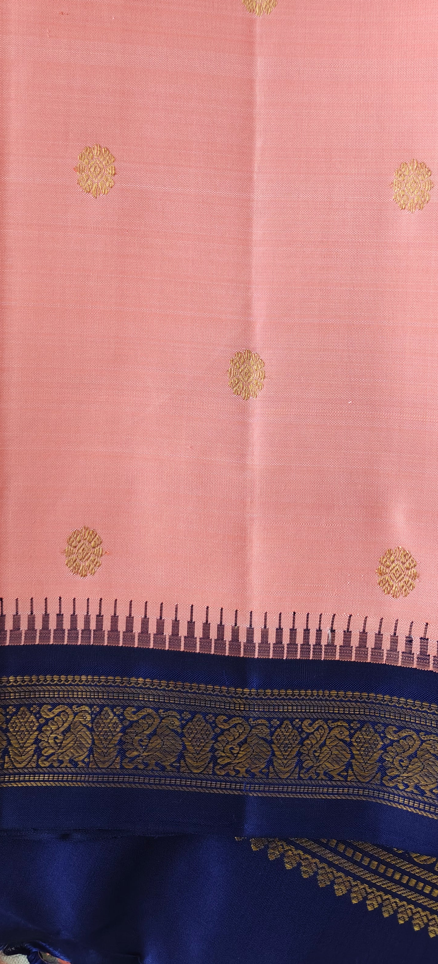 Salmon Pink with Navy Blue Kanjivaram silk saree | 3g zari