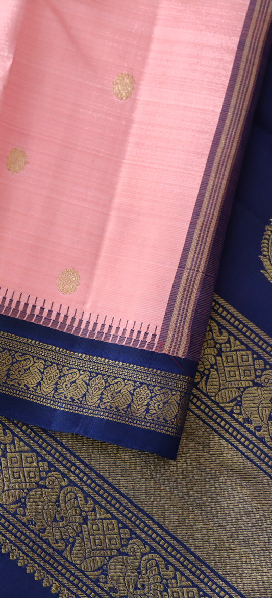Salmon Pink with Navy Blue Kanjivaram silk saree | 3g zari