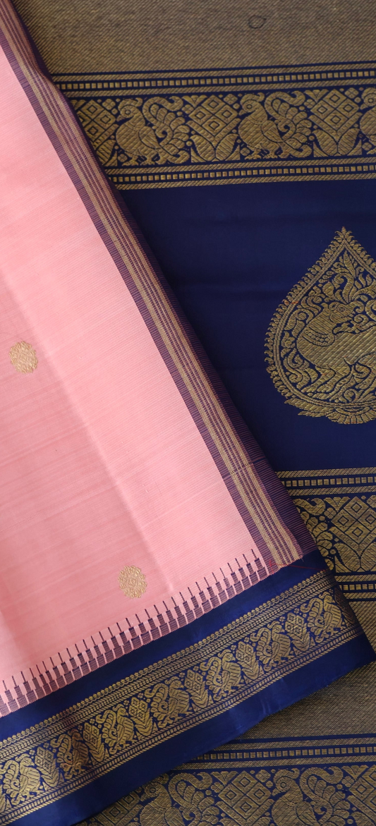 Salmon Pink with Navy Blue Kanjivaram silk saree | 3g zari