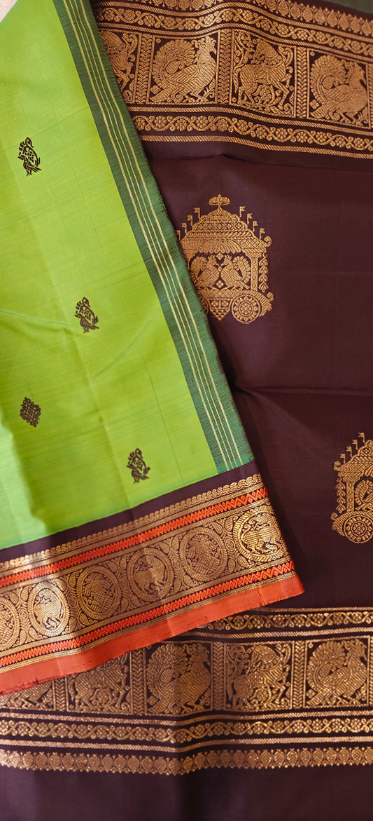 Leafy Green and Coffee brown Kanjivaram silk saree