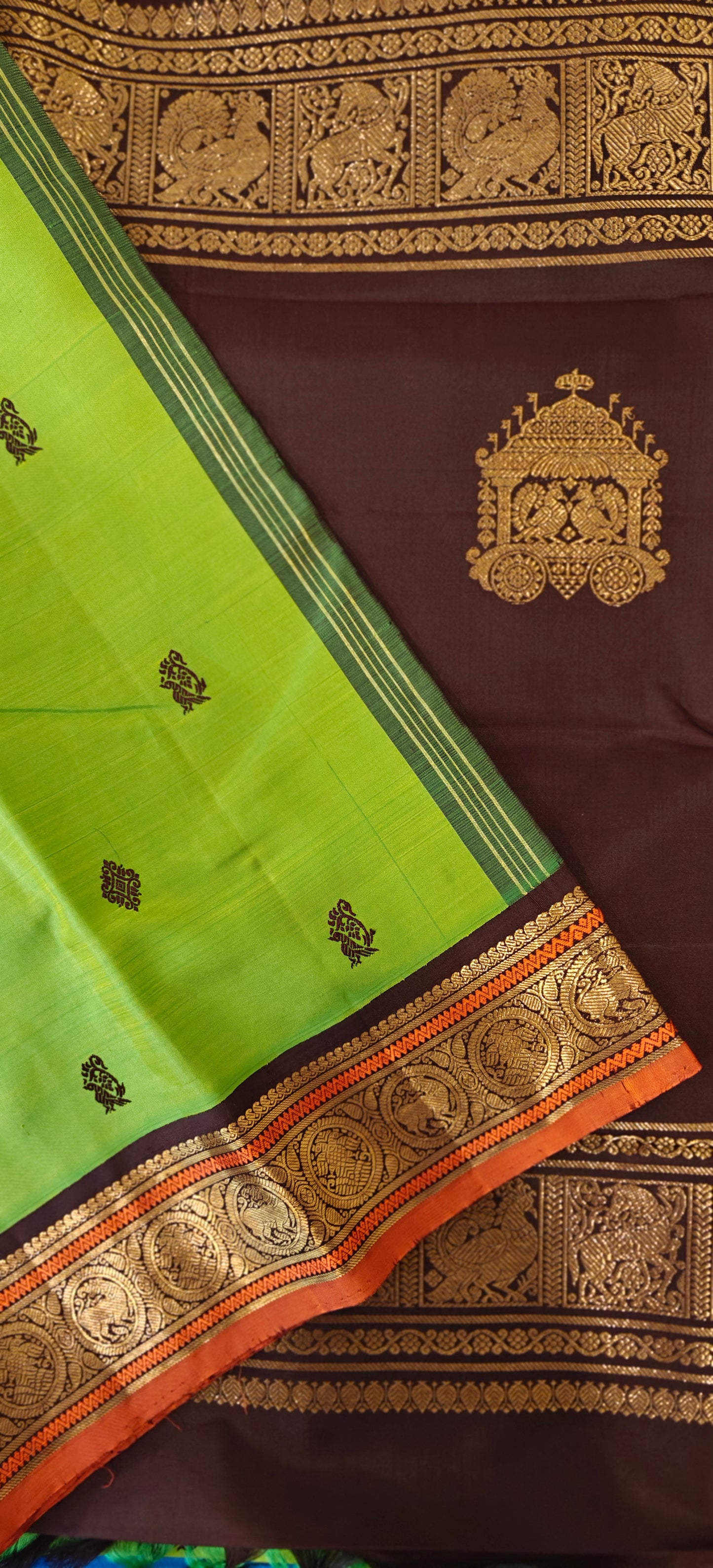 Leafy Green and Coffee brown Kanjivaram silk saree
