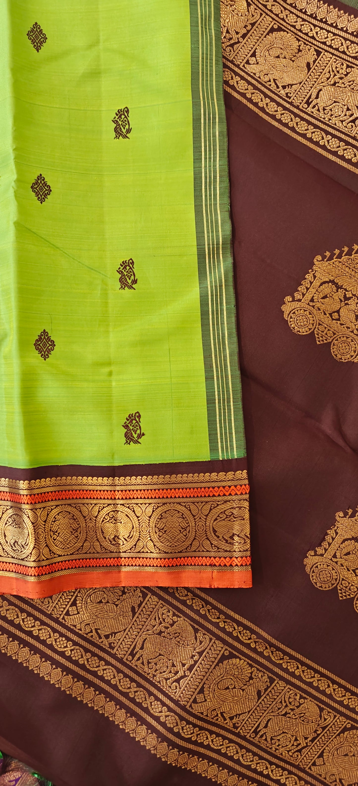 Leafy Green and Coffee brown Kanjivaram silk saree