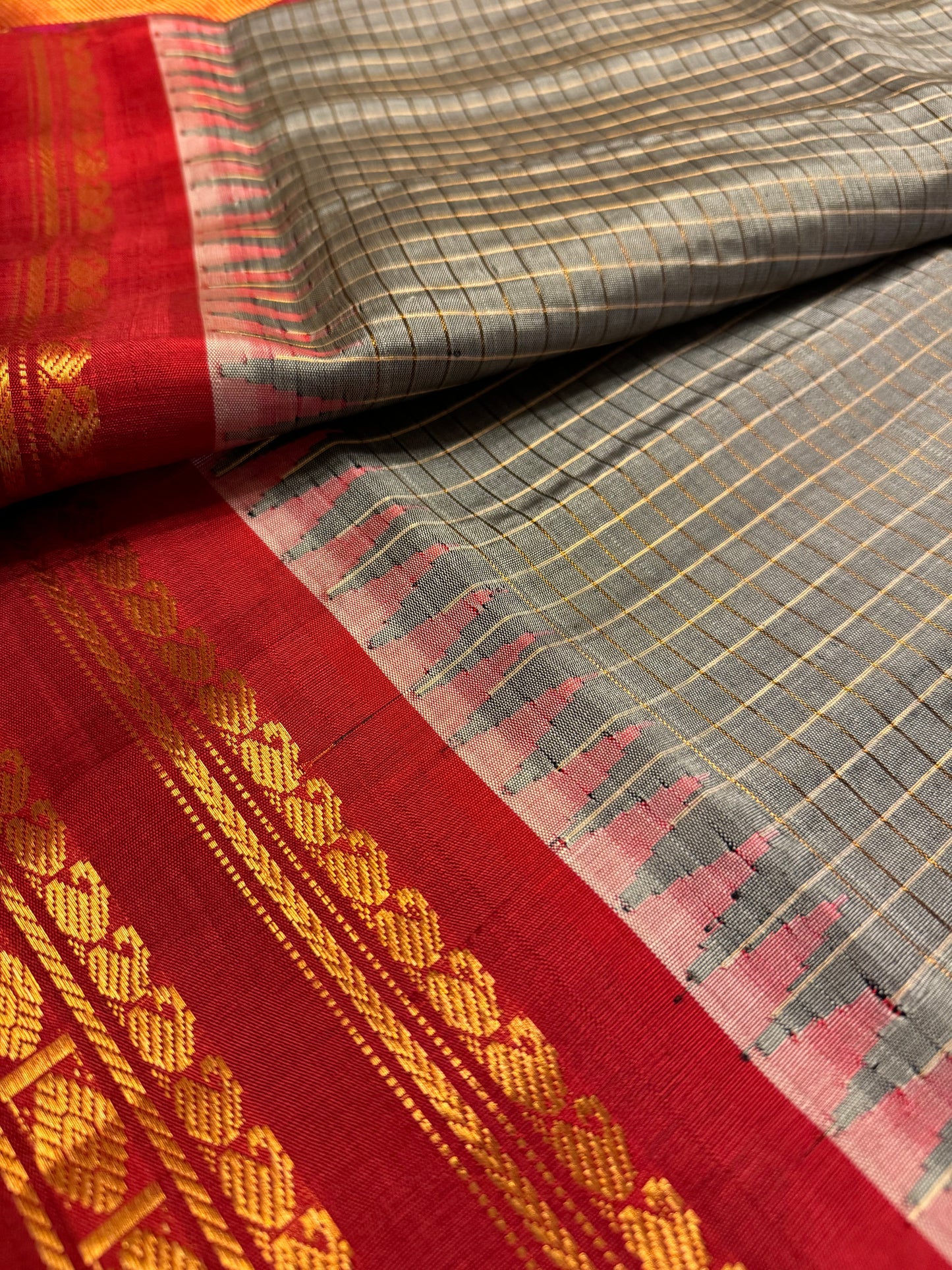 Grey and Red Gadwal Silk Saree