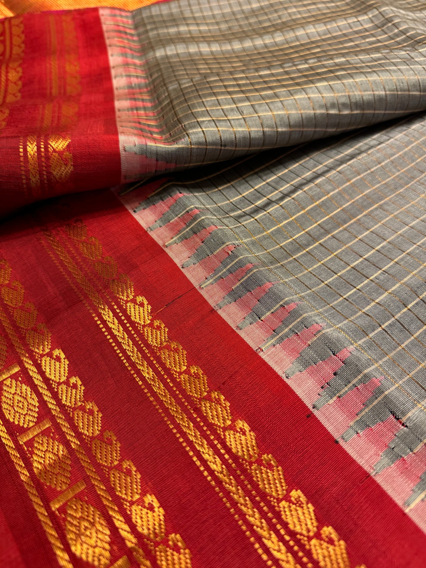 Grey and Red Gadwal Silk Saree