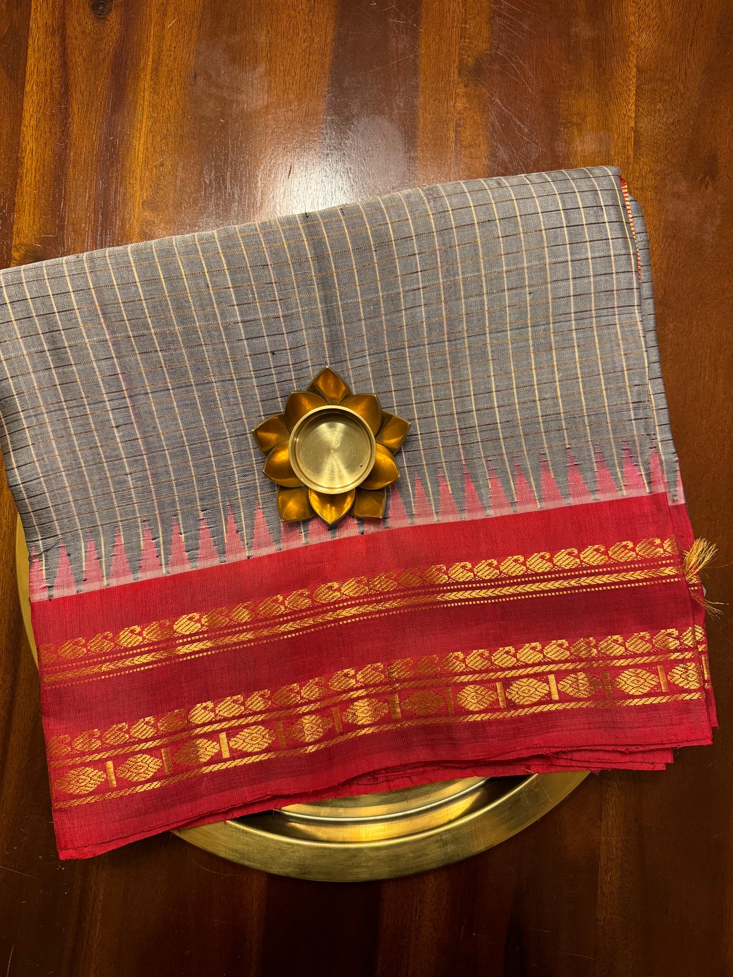 Grey and Red Gadwal Silk Saree