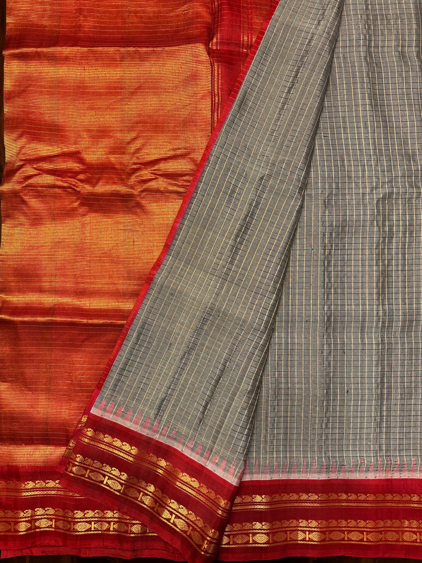 Grey and Red Gadwal Silk Saree