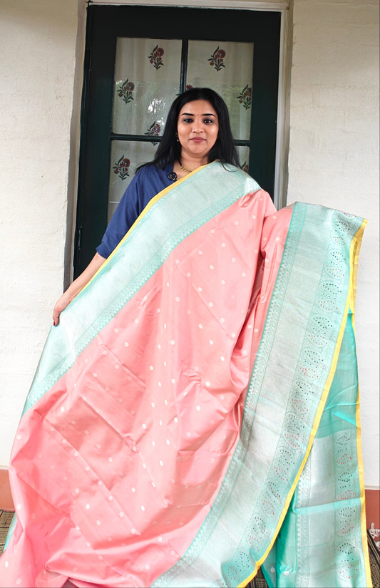 Peach,Blue and Silver -Gadwal Silk Sari