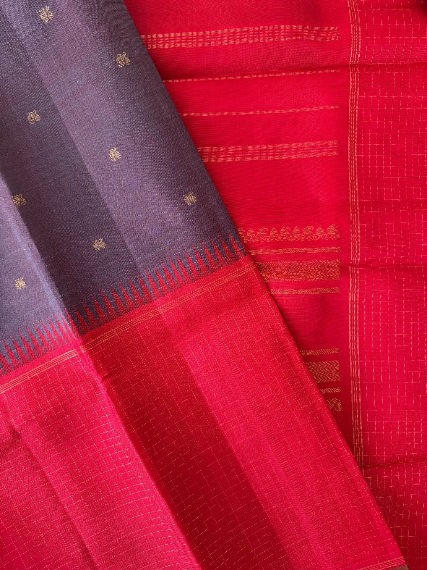 Grey with purple undertone and Red Mubbagam kanjivaram