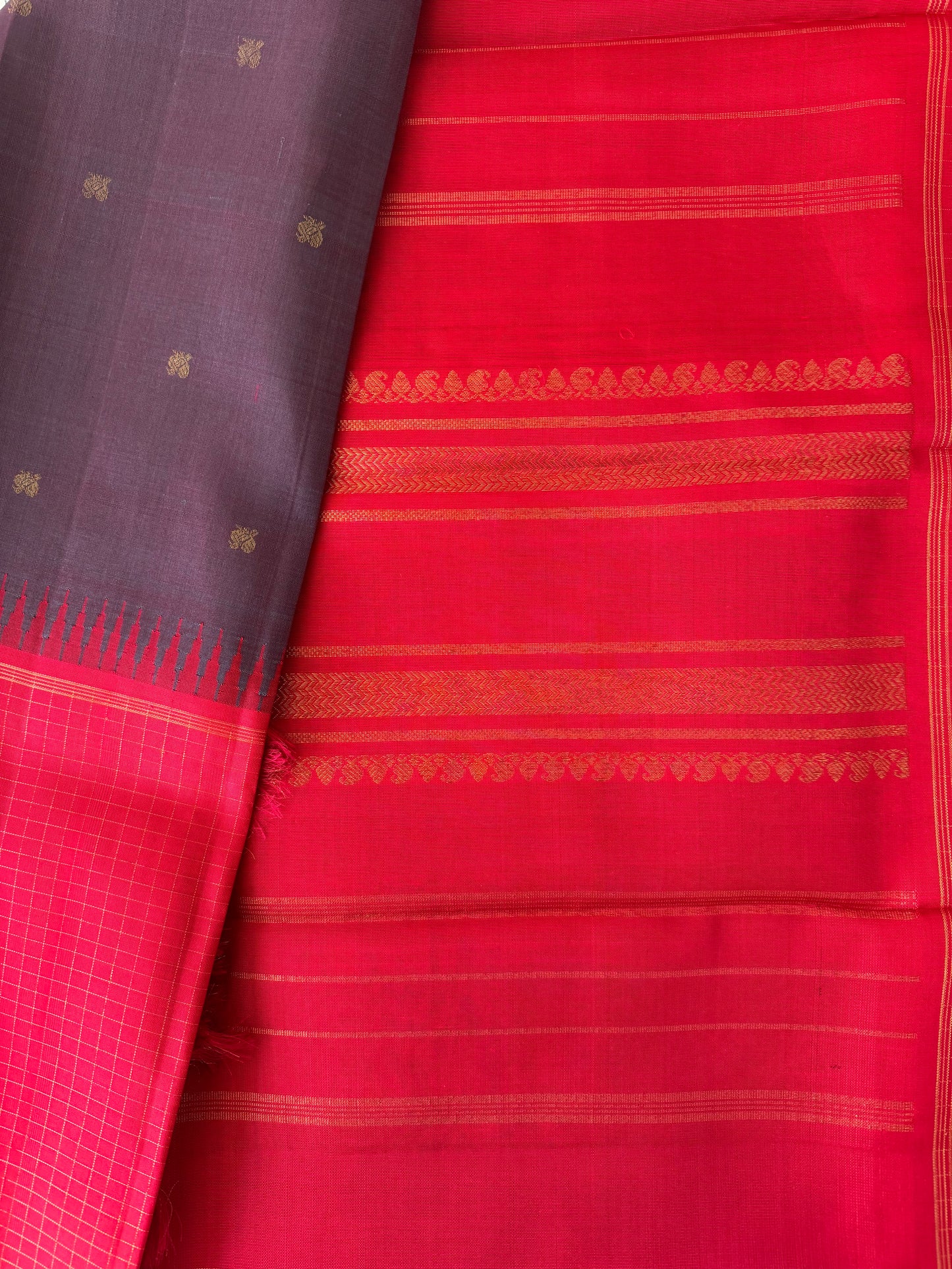 Grey with purple undertone and Red Mubbagam kanjivaram