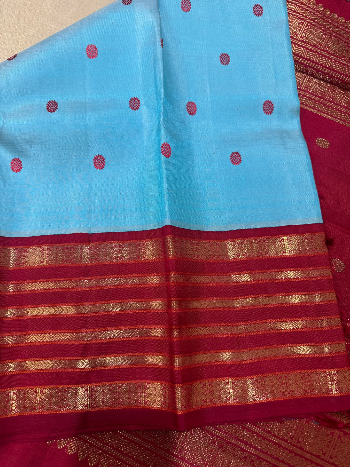 Blue and red Kanjivaram silk saree