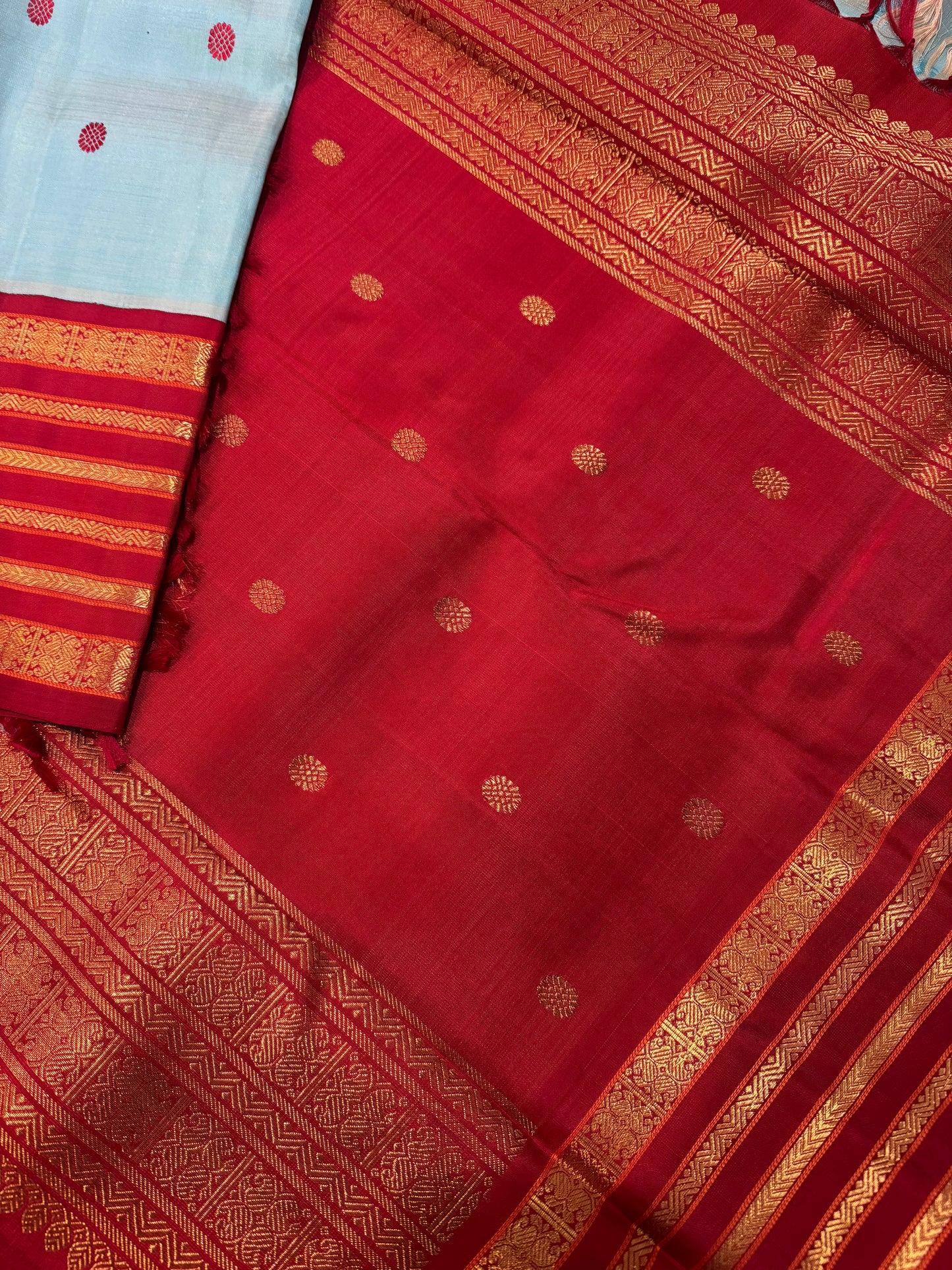 Blue and red Kanjivaram silk saree