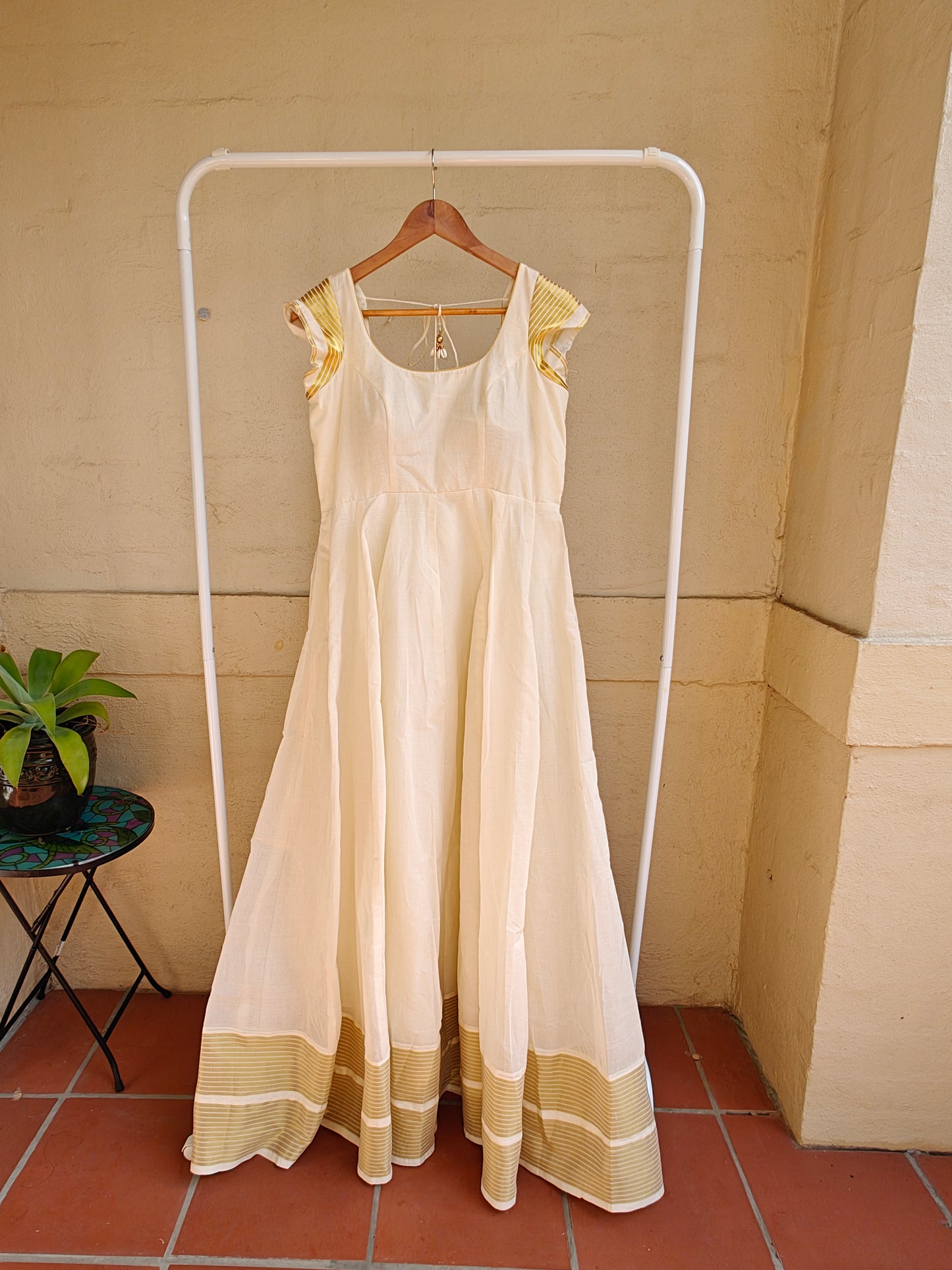 White and Gold Handloom Gown-Short Sleeves