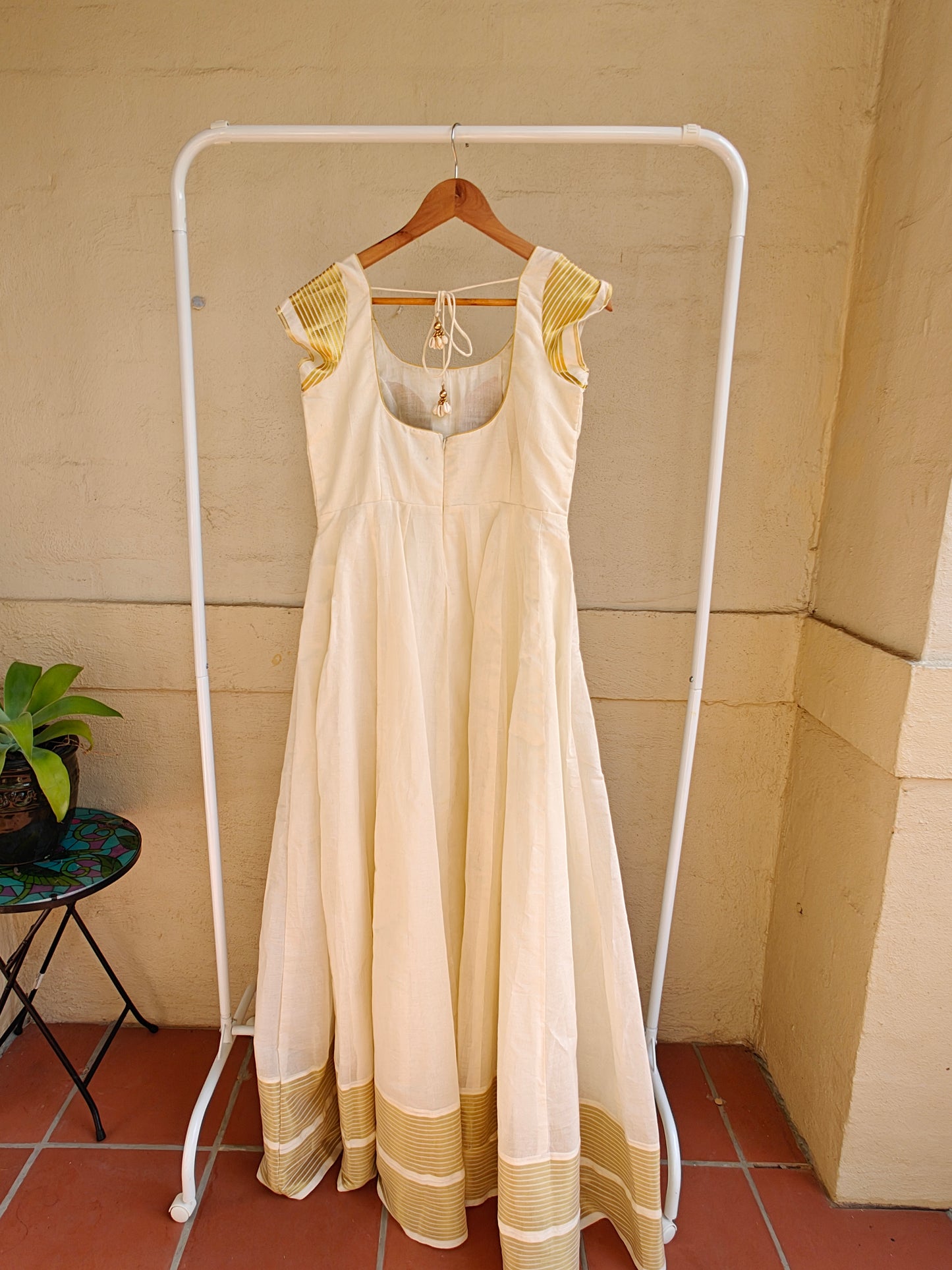 White and Gold Handloom Gown-Short Sleeves