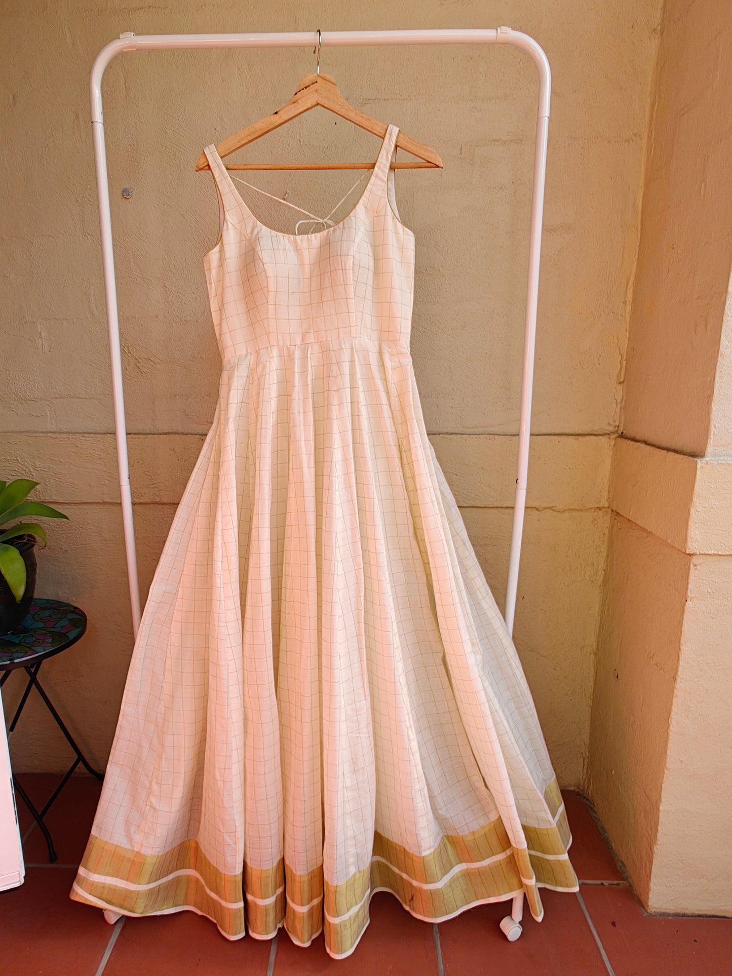 White and Gold Handloom Gown-Sleeveless