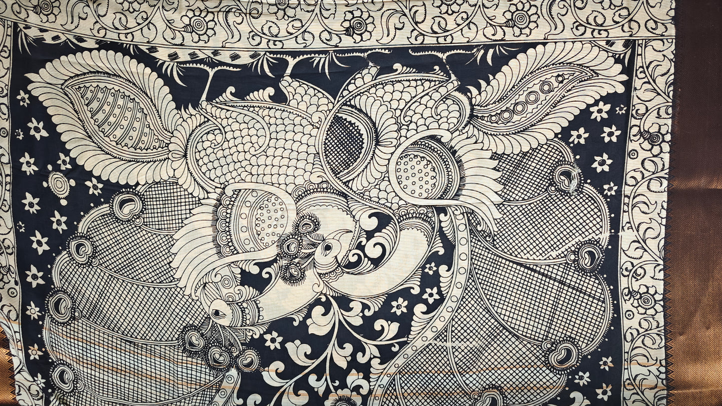 Pen Kalamkari Silk Sari- Lotus and Peacocks