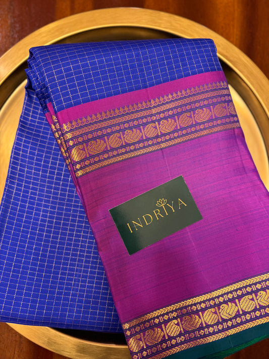 Peacock blue and violet zari checks-Kanjivaram Silk Saree