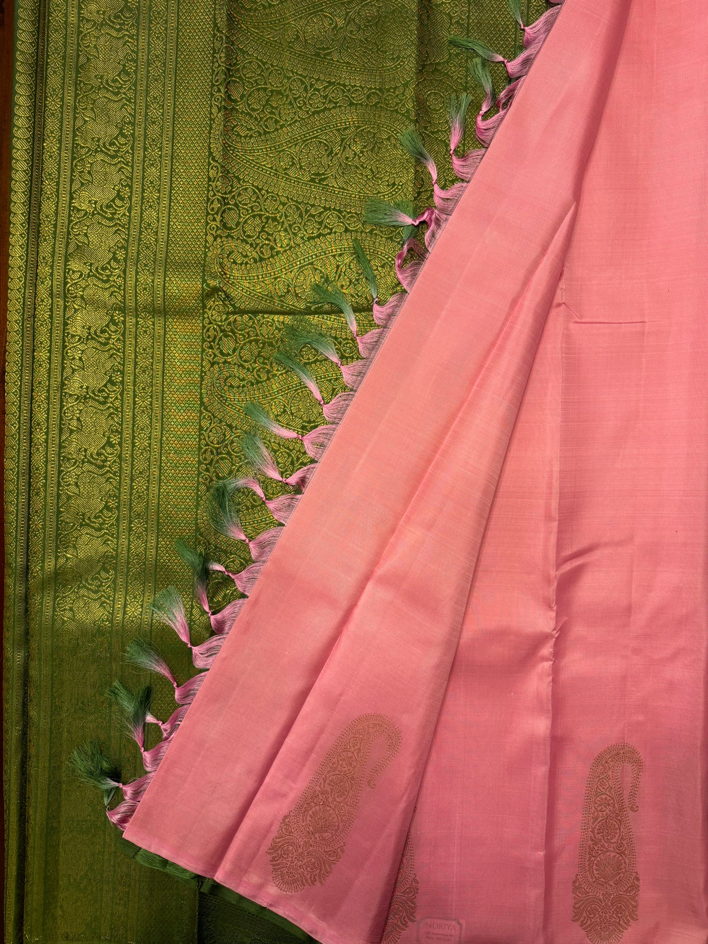 Pastel Pink with Green (Borderless) - Kanjivaram Silk Saree