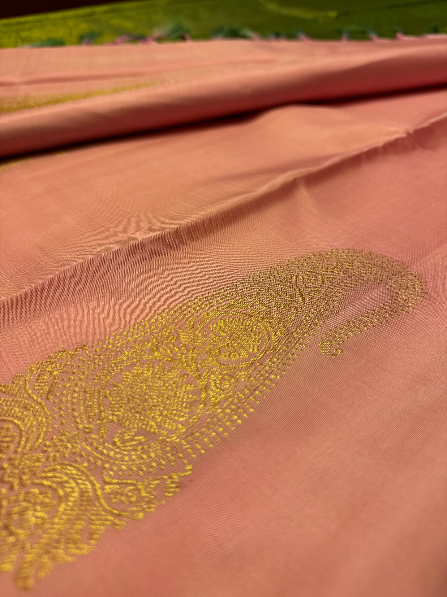 Pastel Pink with Green (Borderless) - Kanjivaram Silk Saree