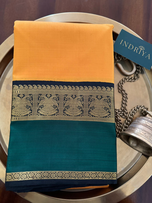 Yellow with green and black-Kanjivaram Silk Saree