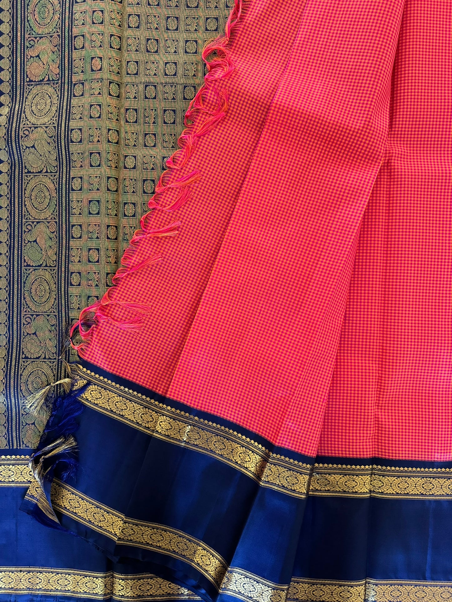 Orange micro checks with navy blue double line border-Kanjivaram Silk Saree