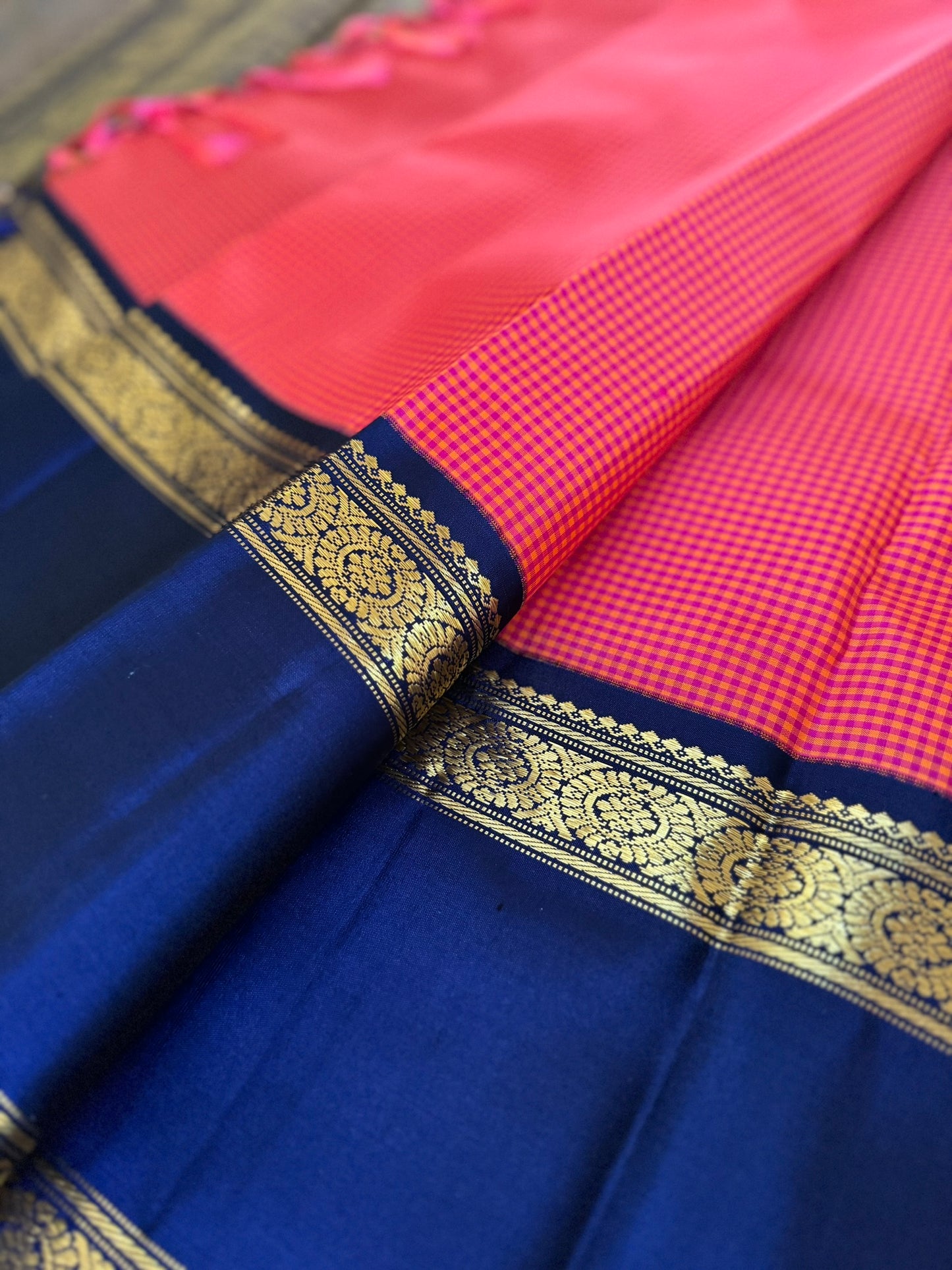 Orange micro checks with navy blue double line border-Kanjivaram Silk Saree