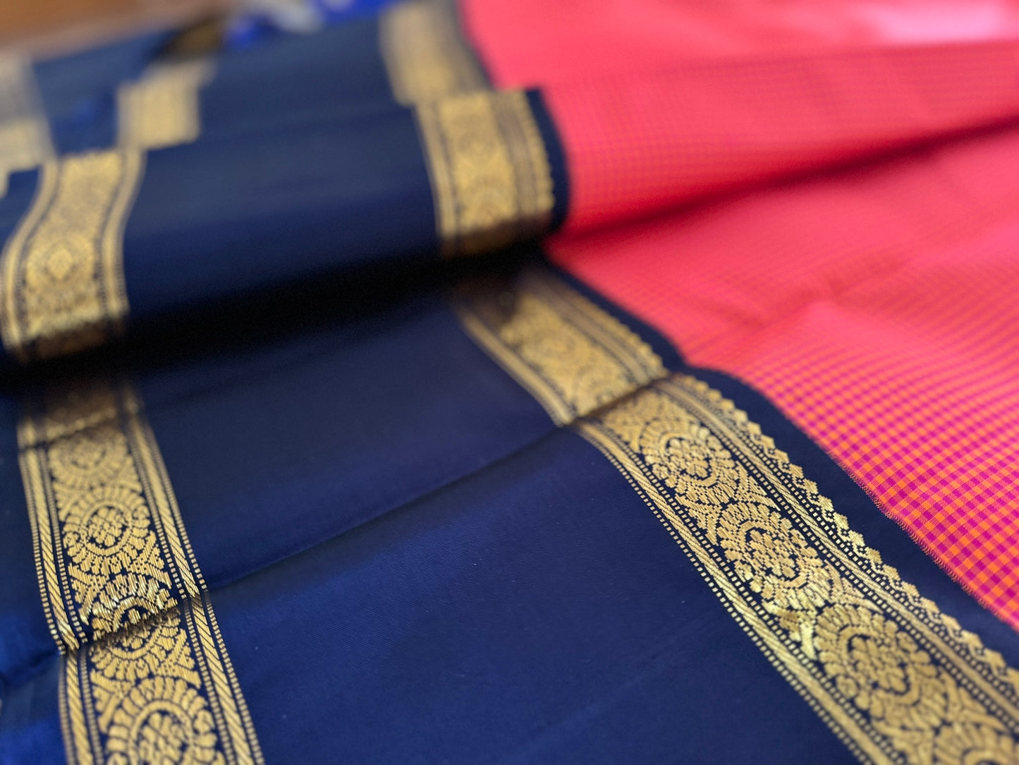 Orange micro checks with navy blue double line border-Kanjivaram Silk Saree