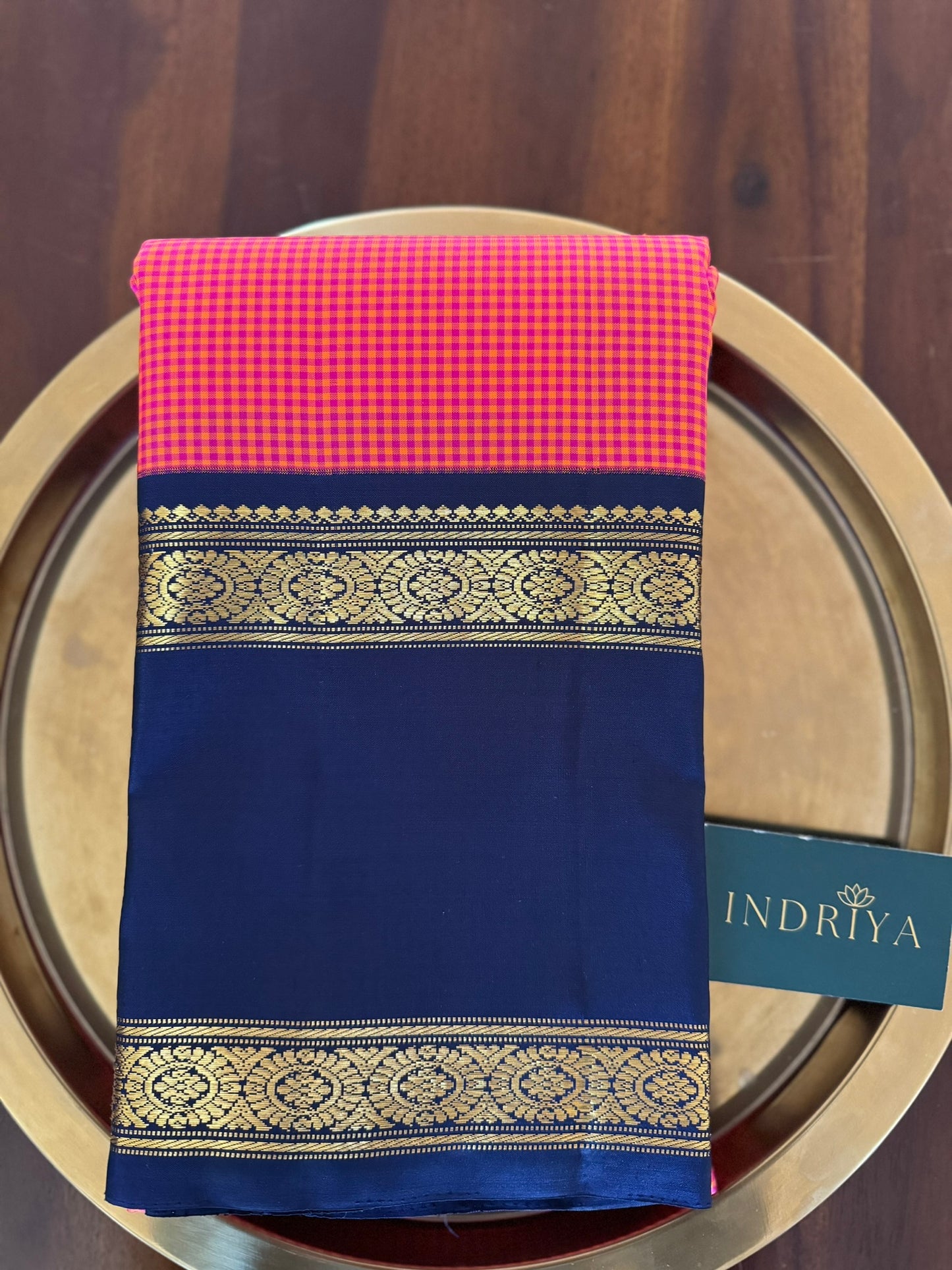 Orange micro checks with navy blue double line border-Kanjivaram Silk Saree